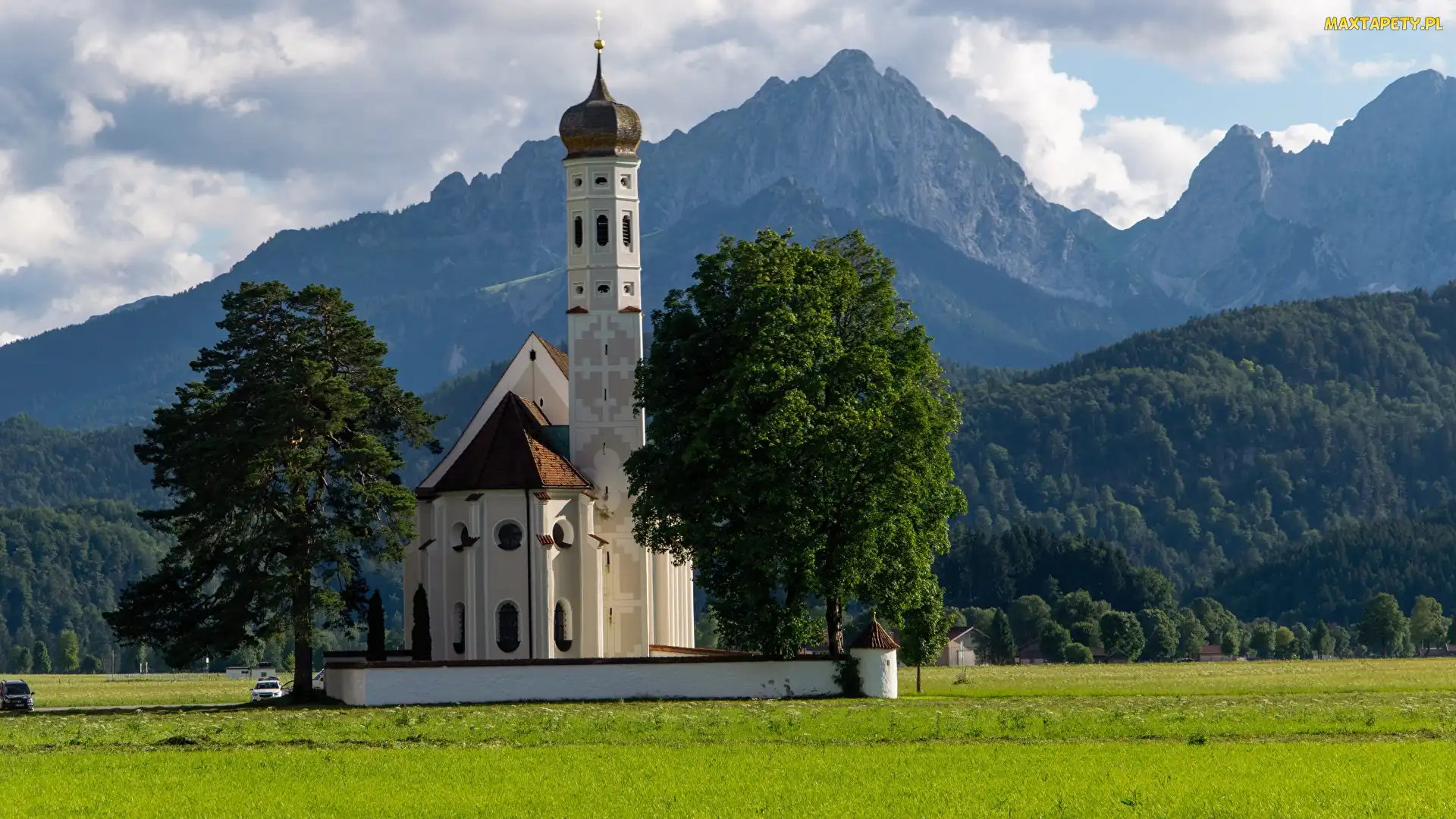 Eglise Saint Coloman, Drzewa, Kościół, Las, Bawaria, Góry Alpy, Niemcy, Miejscowość Schwangau
