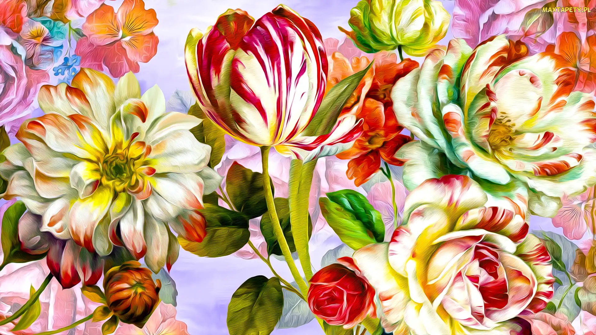 Kolorowe, Grafika, Tulipan, Róże, Kwiaty