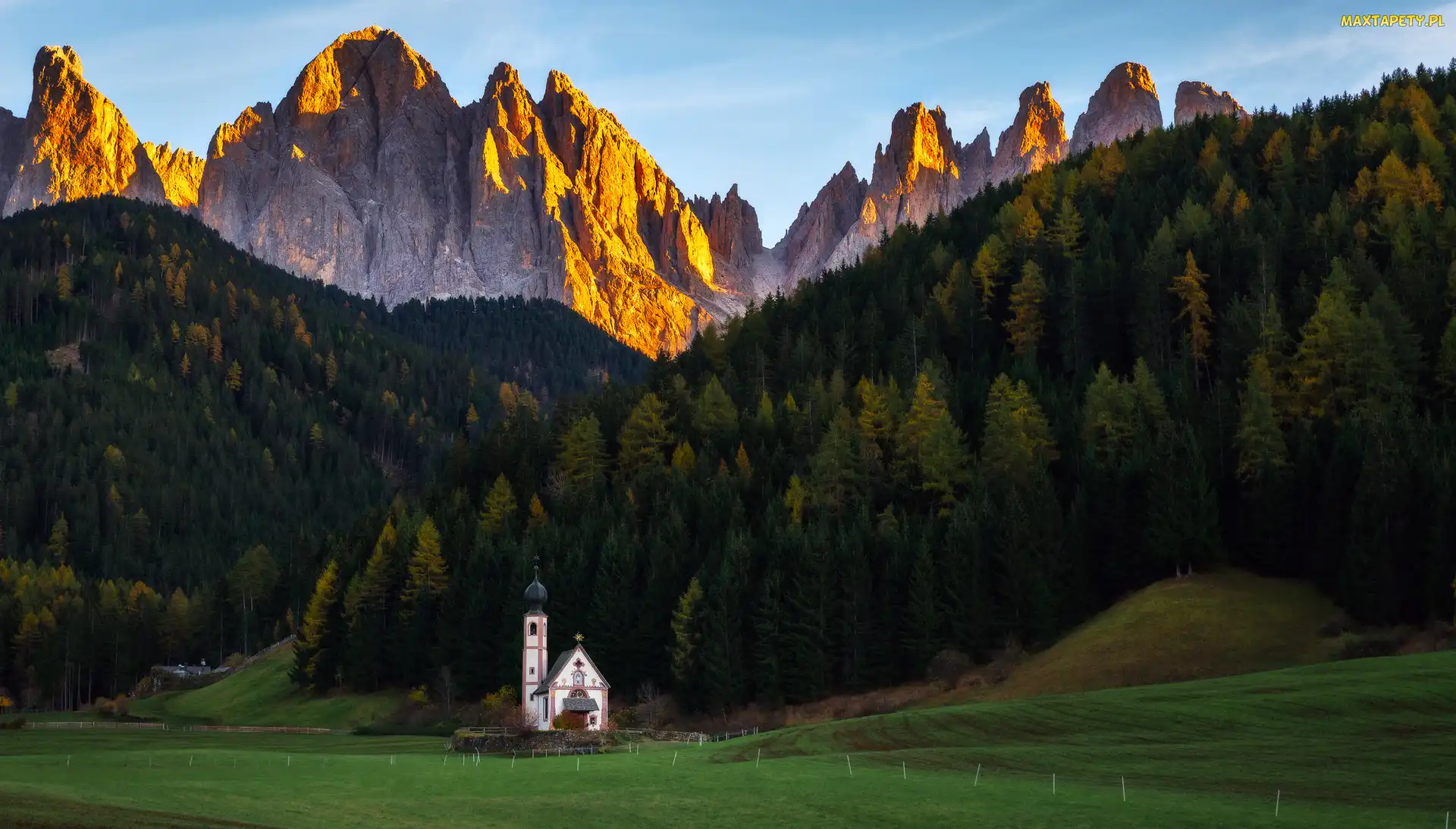 Las, Góry, Kościół, Dolina Val di Funes, Villnoss, Góry, Włochy, Dolomity