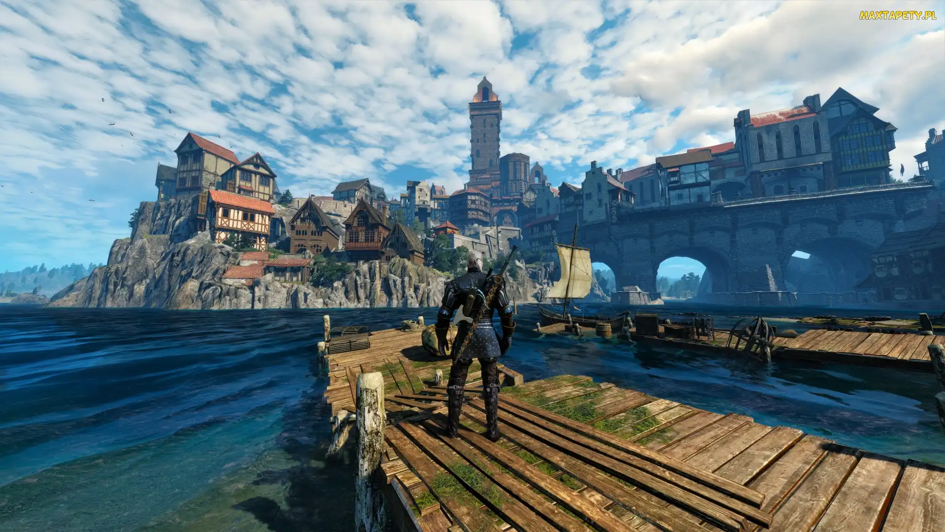 The Witcher 3 Wild Hunt, Gra, Miasto, Geralt, Pomost, Domy, Wiedźmin 3 Dziki Gon