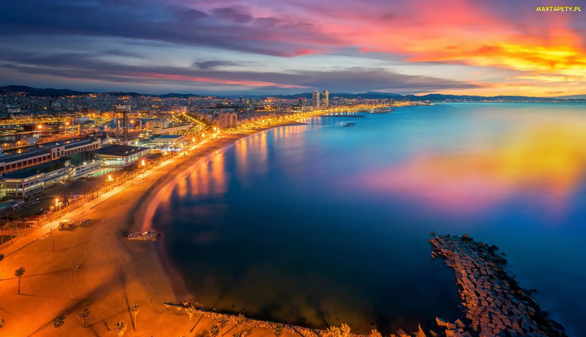 Barcelona, Morze Środziemne, Hiszpania, Plaża, Światła, Wybrzeże, Zachód słońca, Miasto