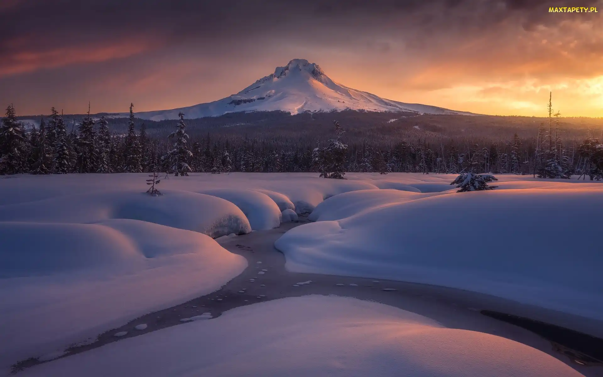 Ośnieżone, Drzewa, Wschód słońca, Mount Hood, Rzeka, Stany Zjednoczone, Zima, Stan Oregon, Las, Góra, Stratowulkan