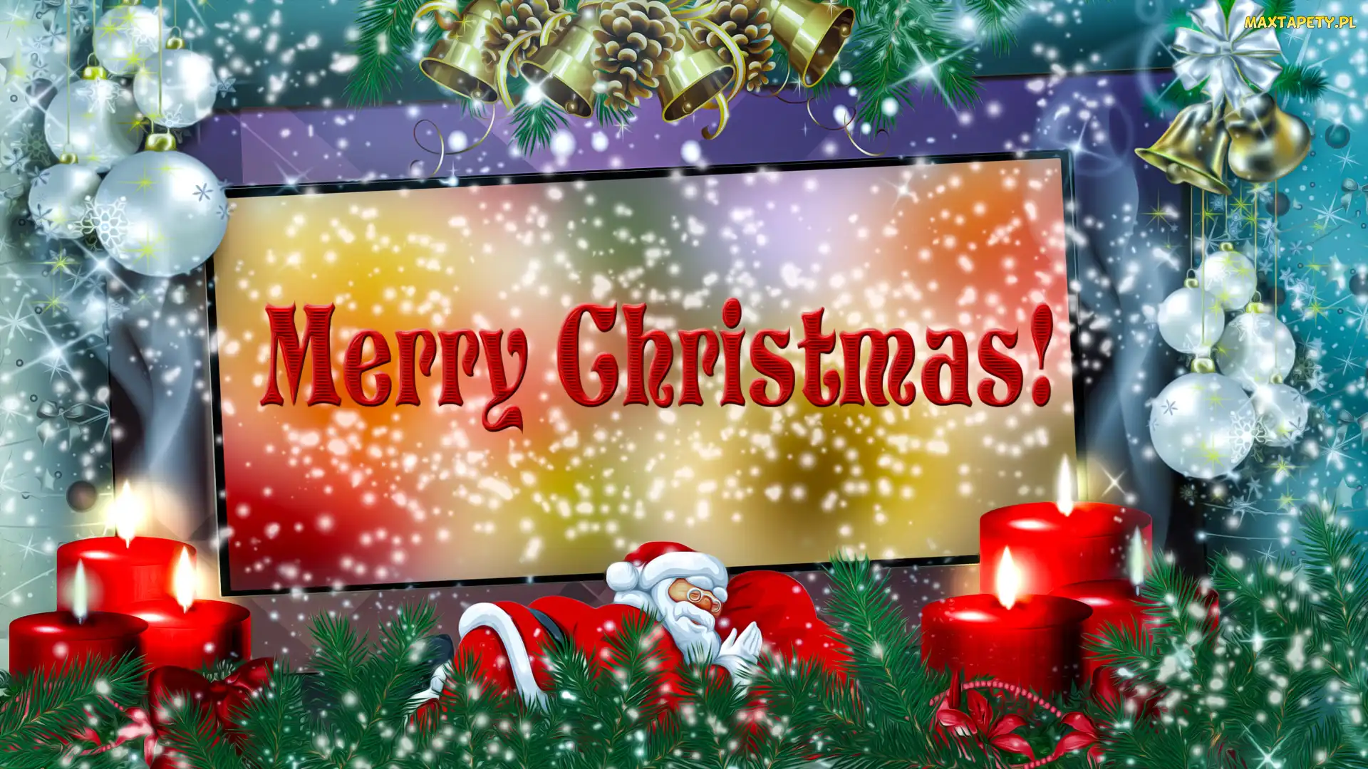 Boże Narodzenie, Grafika, Merry Christmas, Świece, Bombki, Życzenia, Mikołaj
