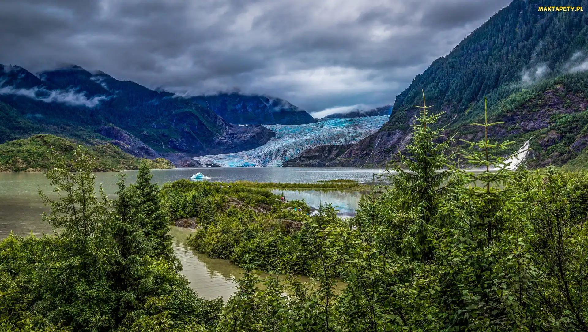 Stan Alaska, Chmury, Jezioro Eklutna Lake, Stany Zjednoczone, Drzewa, Góry, Lodowiec