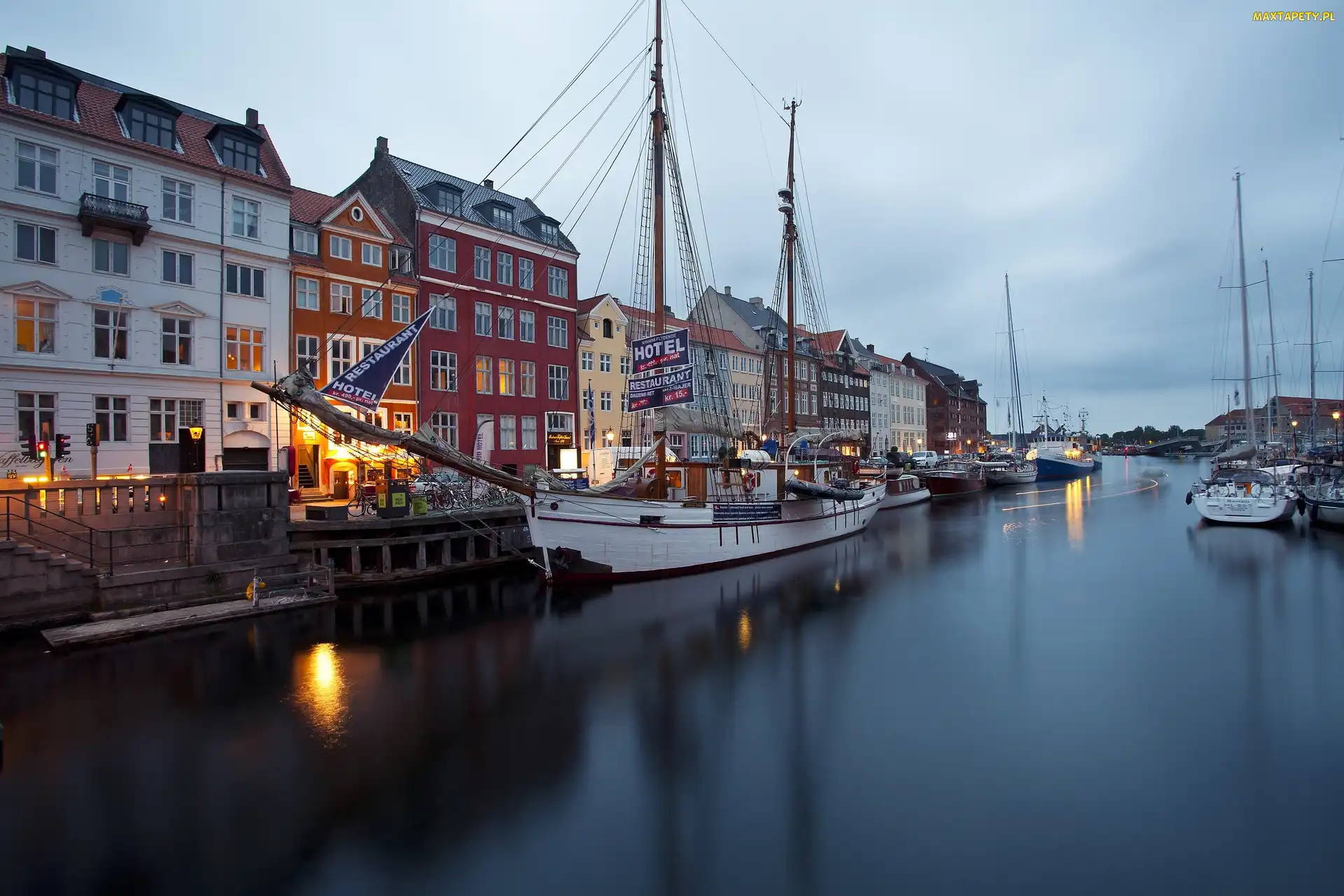 Dania, Kopenhaga, Żaglówki, Kanał Nyhavn, Domy, Przystań