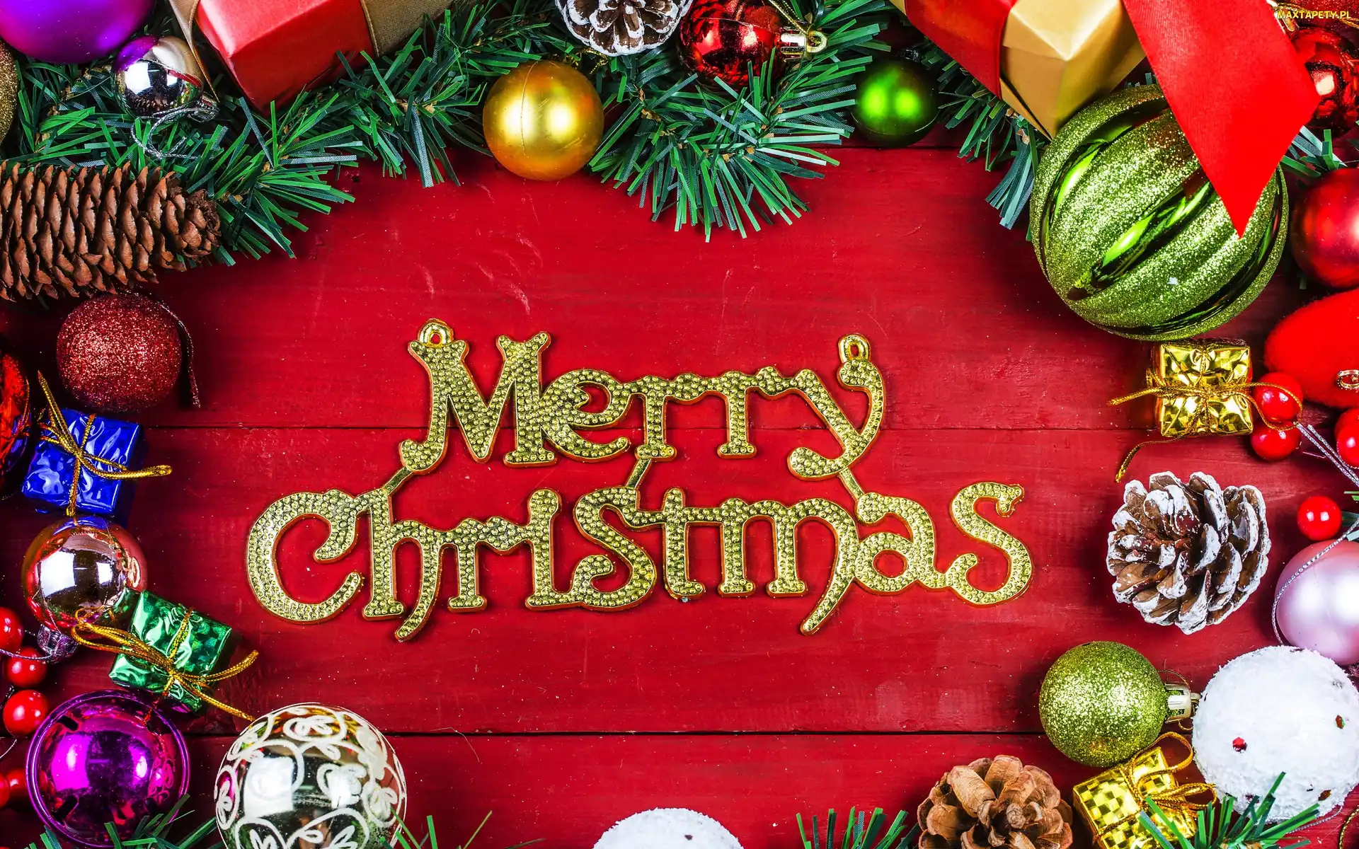 Boże Narodzenie, Bombki, Merry Christmas, Gałązki, Świerku, Szyszki