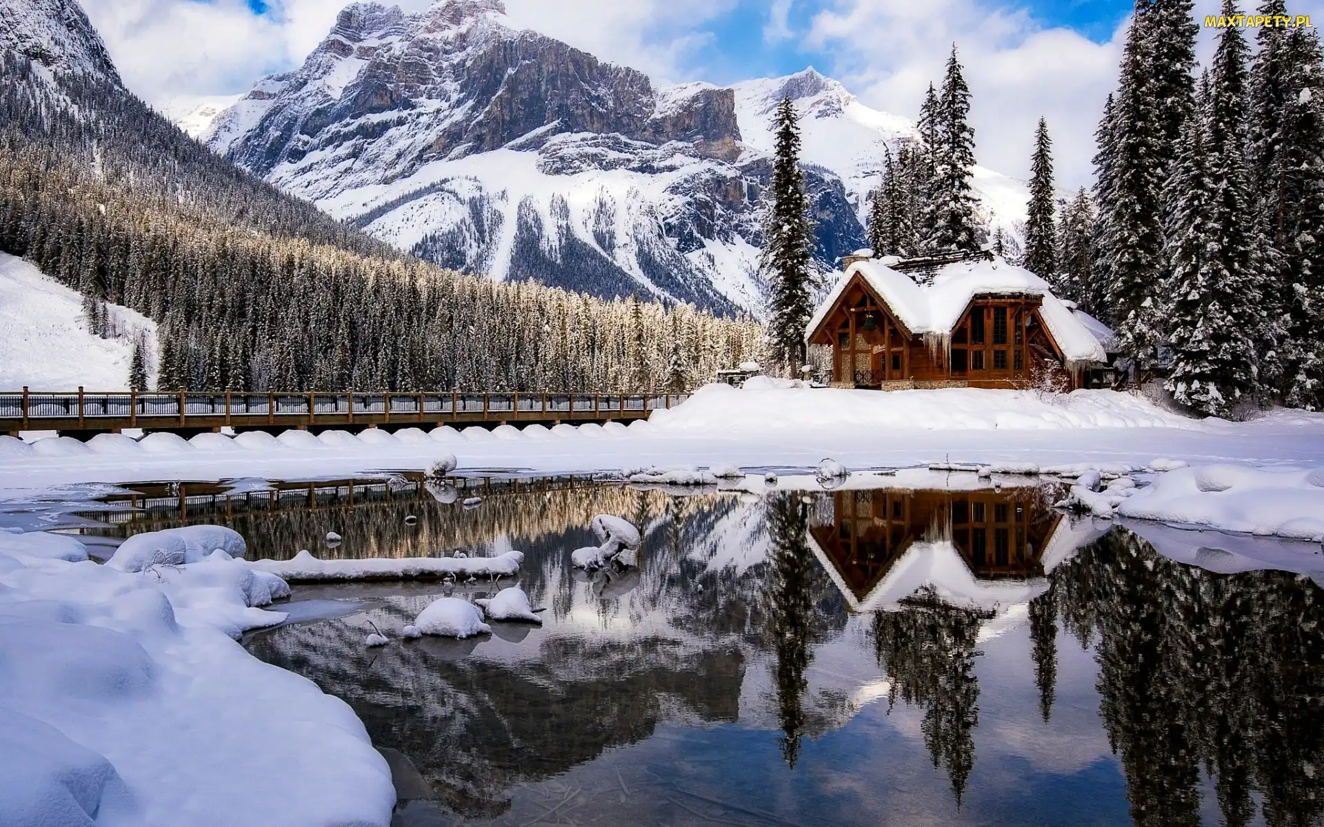 Park Narodowy Yoho, Most, Kanada, Jezioro Emerald, Dom, Góry, Zima, Drzewa