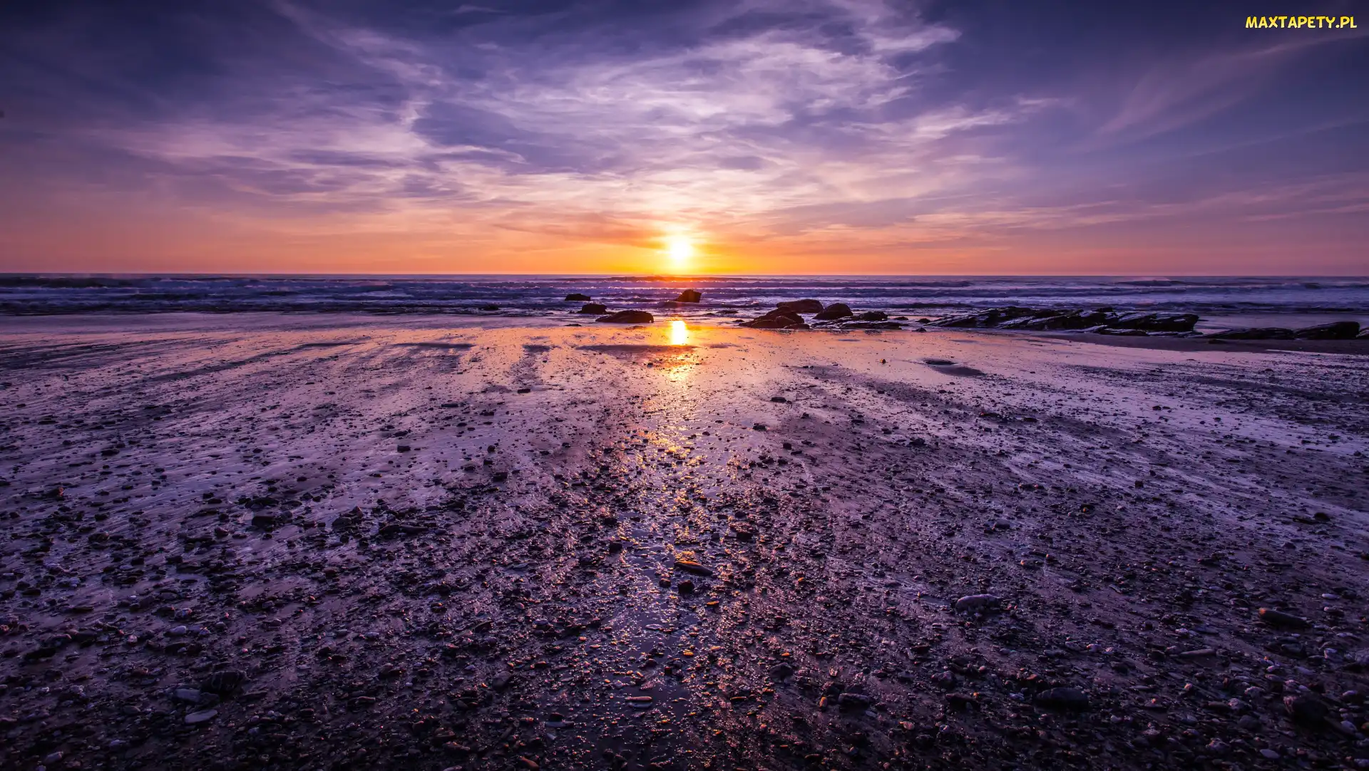 Plaża, Kamienie, Zachód słońca, Morze
