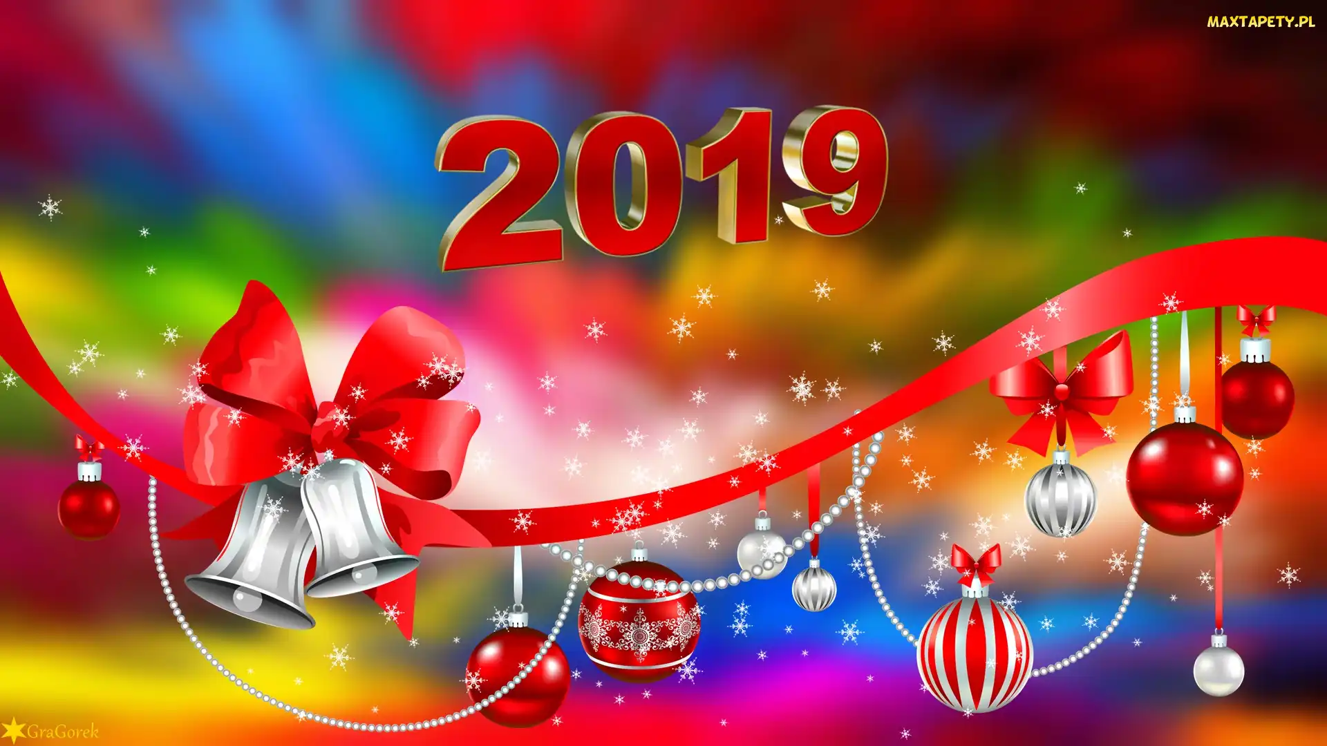 Grafika, Szarfa, 2019, Nowy Rok, Dzwonki, Bombki