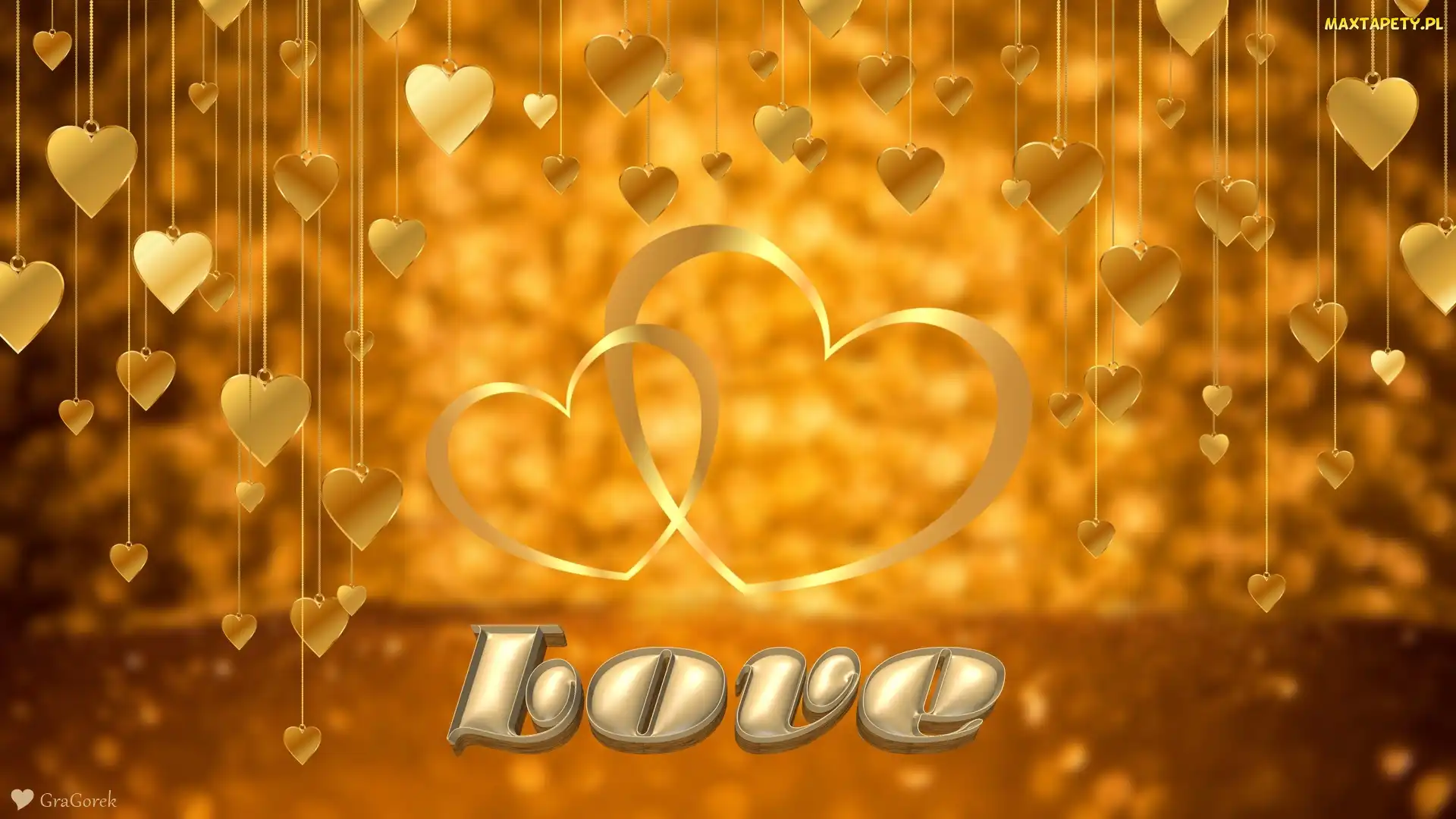 Grafika, Love, Złote, Serca, Serduszka, Napis