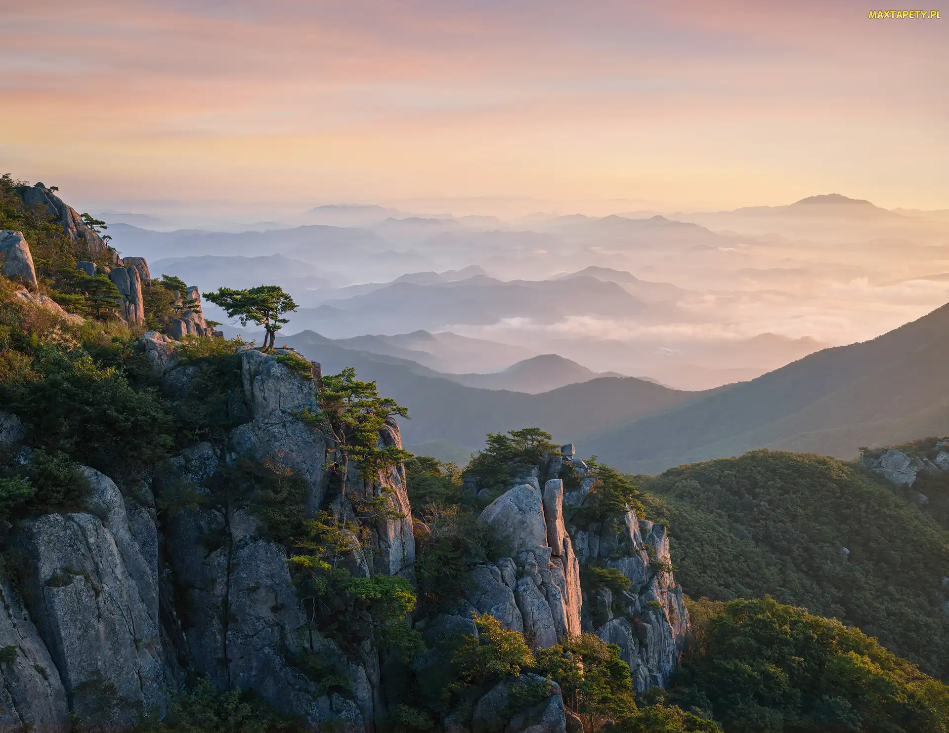 Prowincja Jeolla Północna, Skały, Góry, Korea Południowa, Drzewa, Park prowincjonalny Daedunsan, Wschód słońca