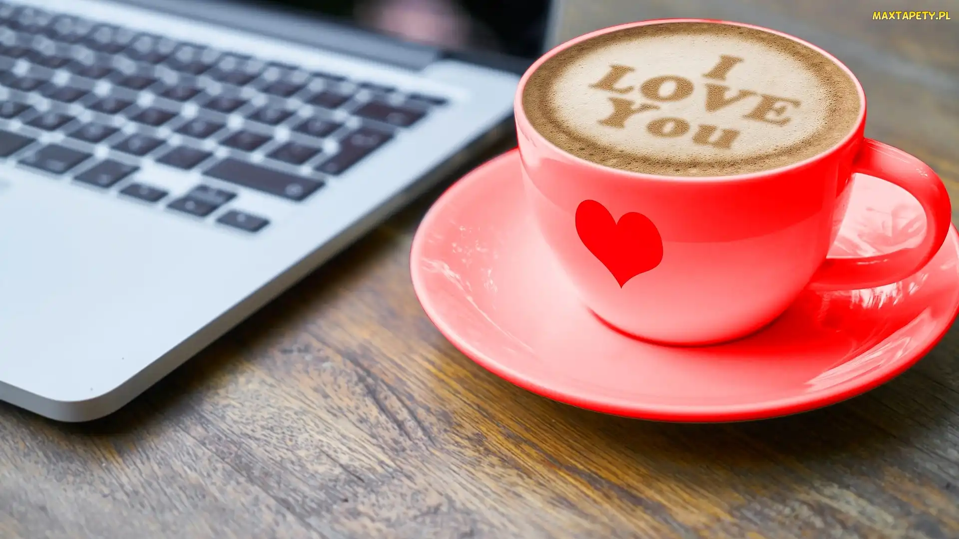 Kawa, Filiżanka, Laptop, Napis, I love you, Pianka