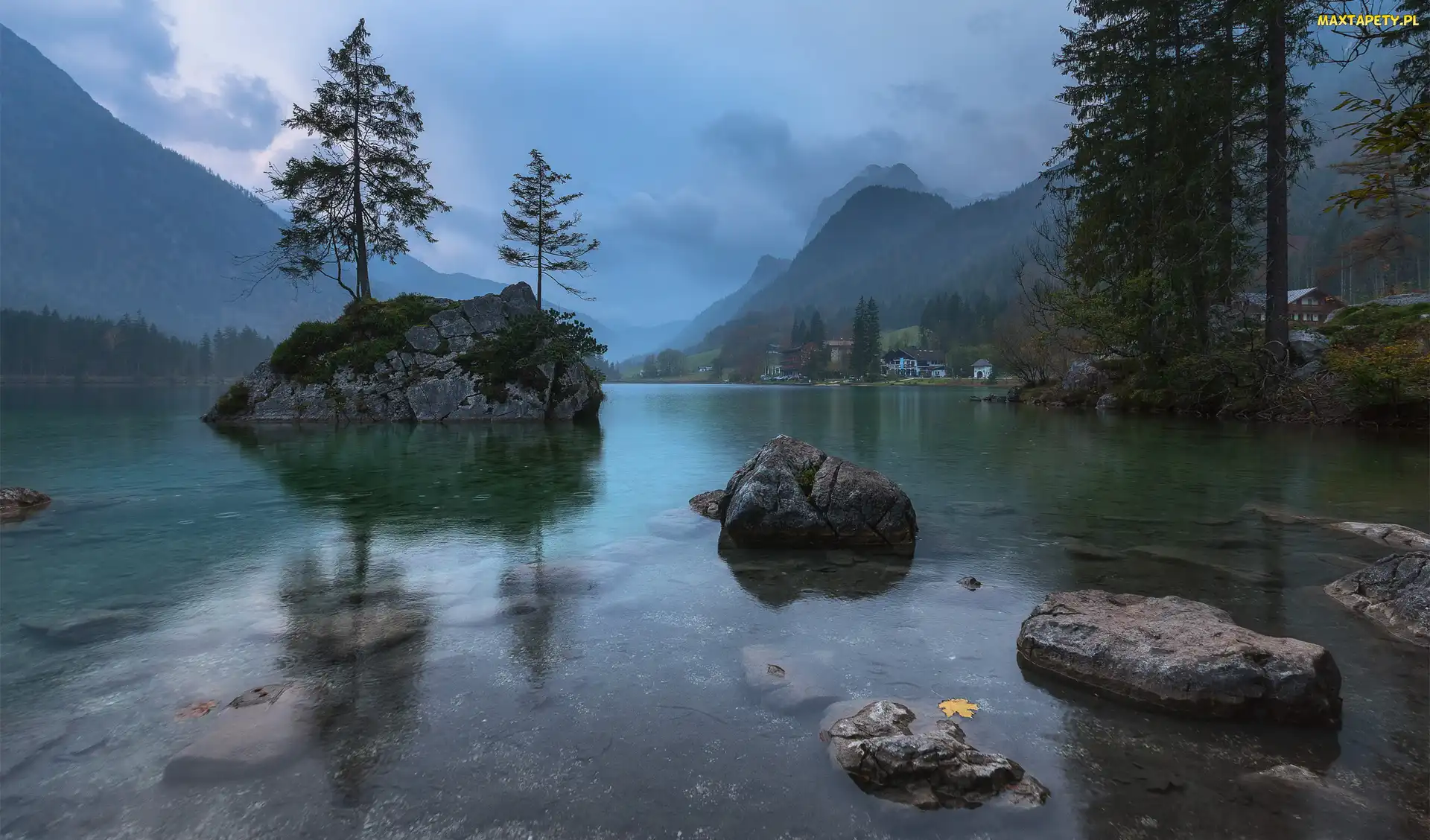 Bawaria, Jezioro Hintersee, Kamienie, Góry, Drzewa, Skały, Niemcy