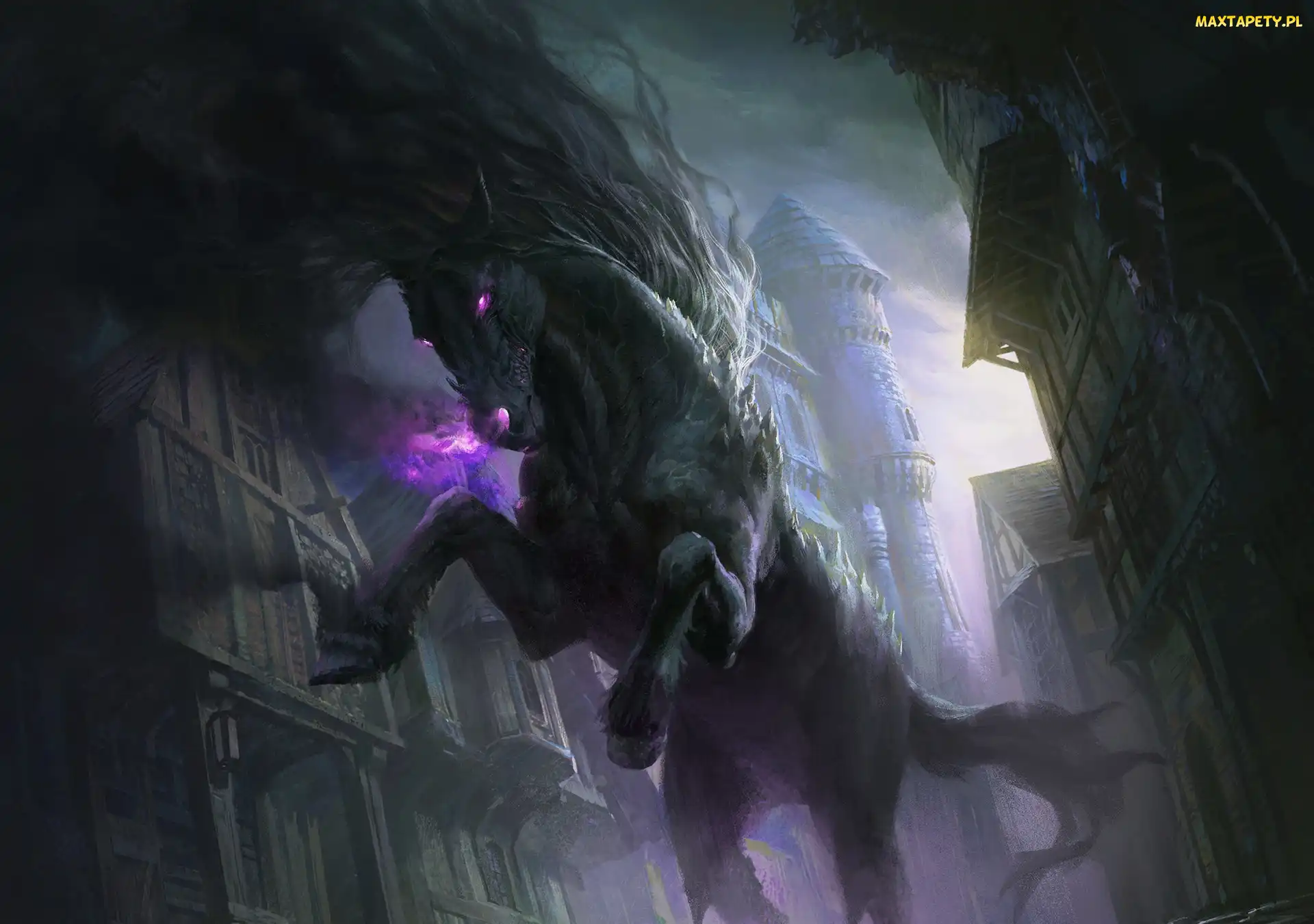Koń, Budynki, Oczy, Świecące, Fantasy