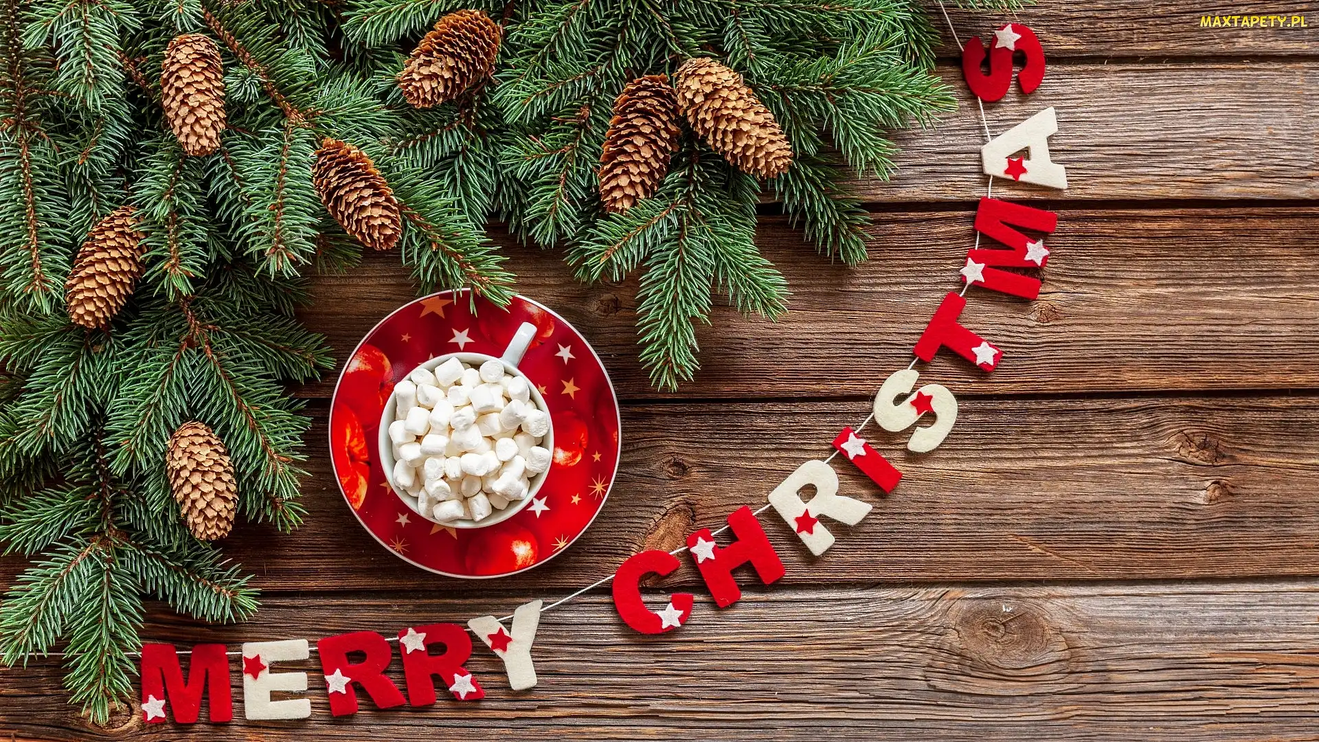 Szyszki, Gałązki, Merry Christmas, Pianki, Sznurek, Zawieszka, Filiżanka
