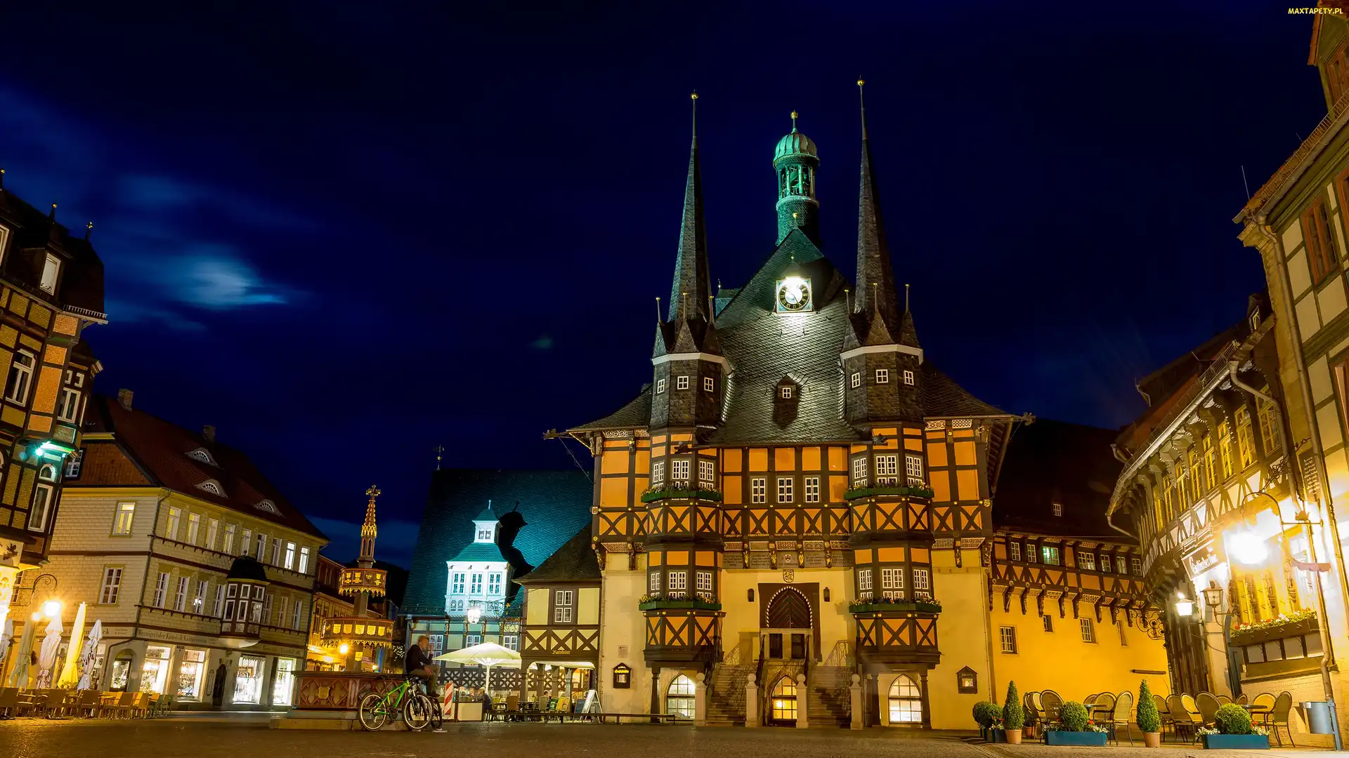 Oświetlony, Noc, Rynek, Domy, Saksonia-Anhalt, Ratusz, Niemcy, Wernigerode