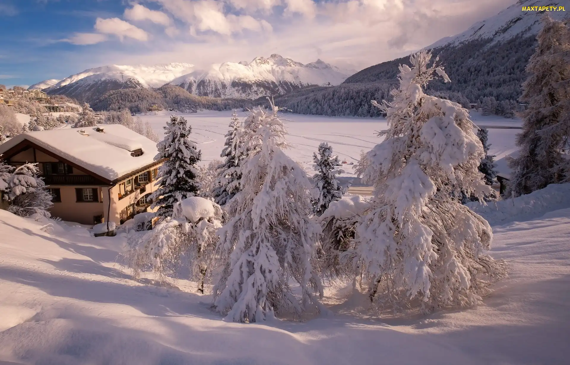 Szwajcaria, Sankt Moritz, Jezioro Sankt Moritz, Dolina Engadyna, Góry, Ośnieżone, Świerki, Dom, Zima, Zaśnieżone