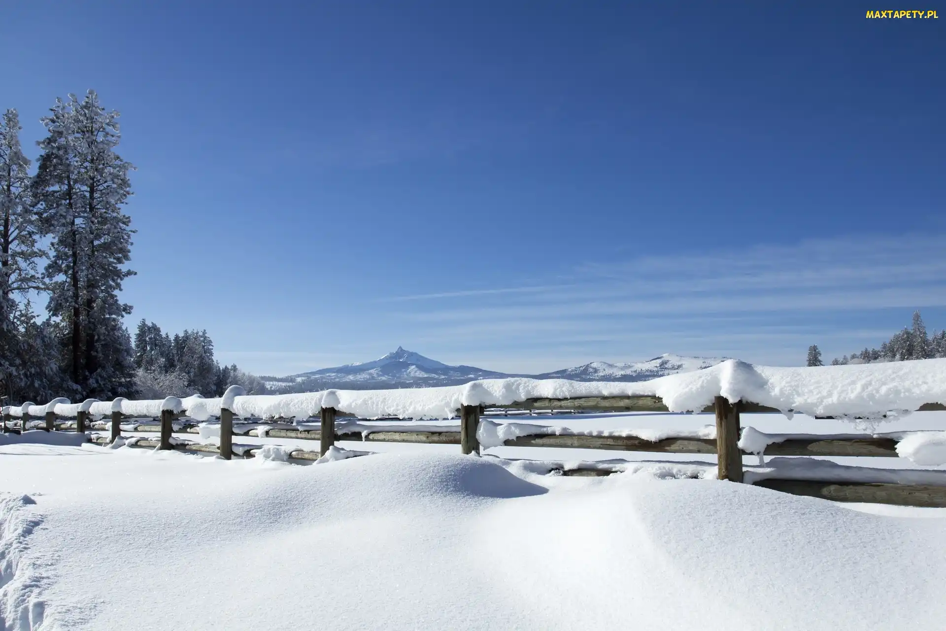 Stany Zjednoczone, Black Butte Ranch, Drzewa, Stan Oregon, Ogrodzenie, Śnieg, Płot, Góry Białe, Zima, Góra Waszyngtona