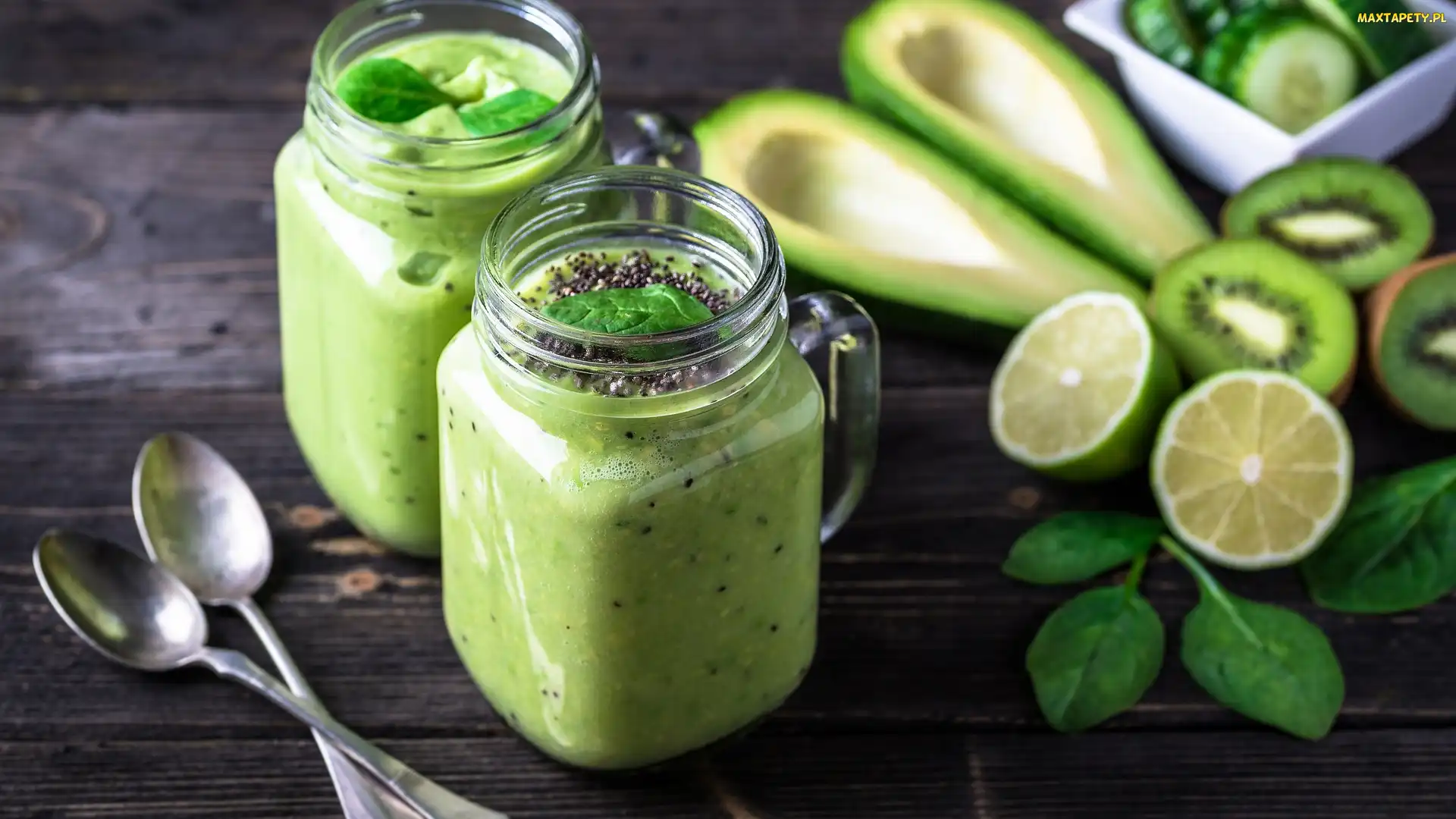 Deski, Owoce, Zielone, Łyżeczki, Słoiki, Smoothie, Awokado, Kiwi, Napój, Limonki