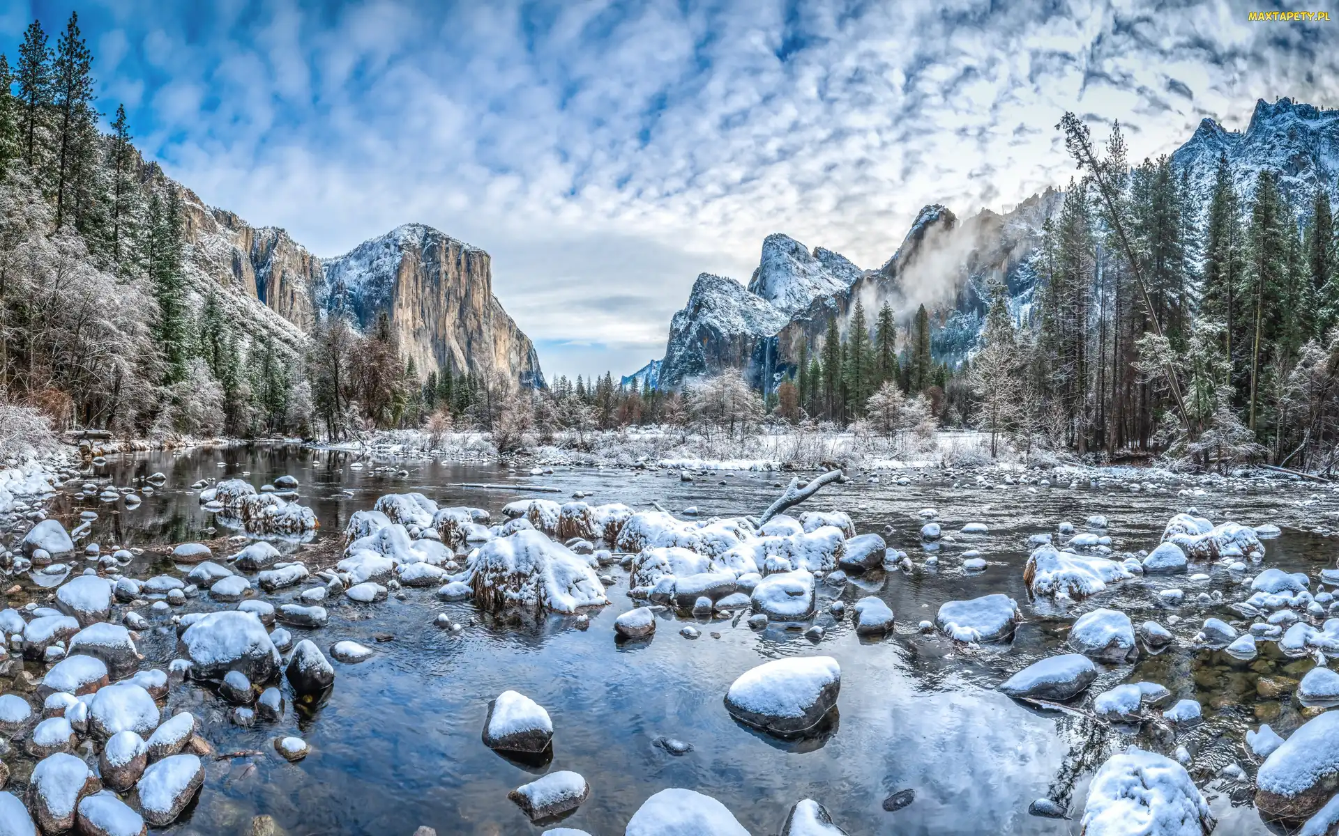 Kamienie, Góry, Park Narodowy Yosemite, Stany Zjednoczone, Zima, Śnieg, Stan Kalifornia, Rzeka Merced River