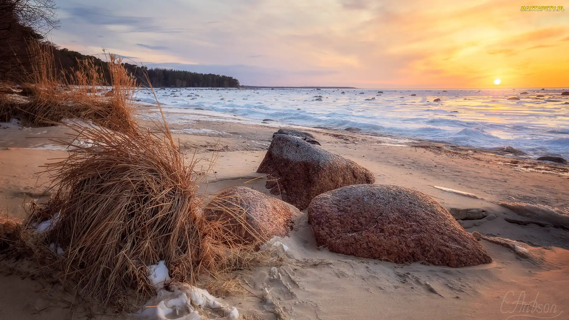 Plaża, Wschód słońca, Kamienie, Trawa, Morze