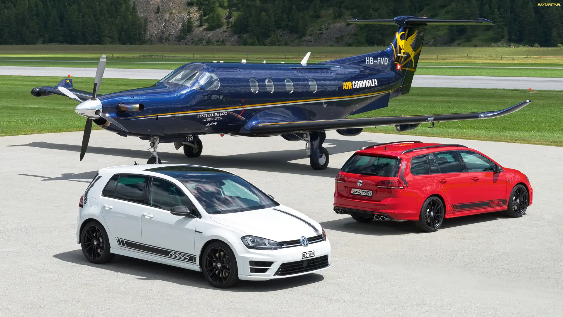 Samochody, Dwa, Pilatus PC-12, Czerwony, Volkswagen Golf R360S, Samolot, Biały