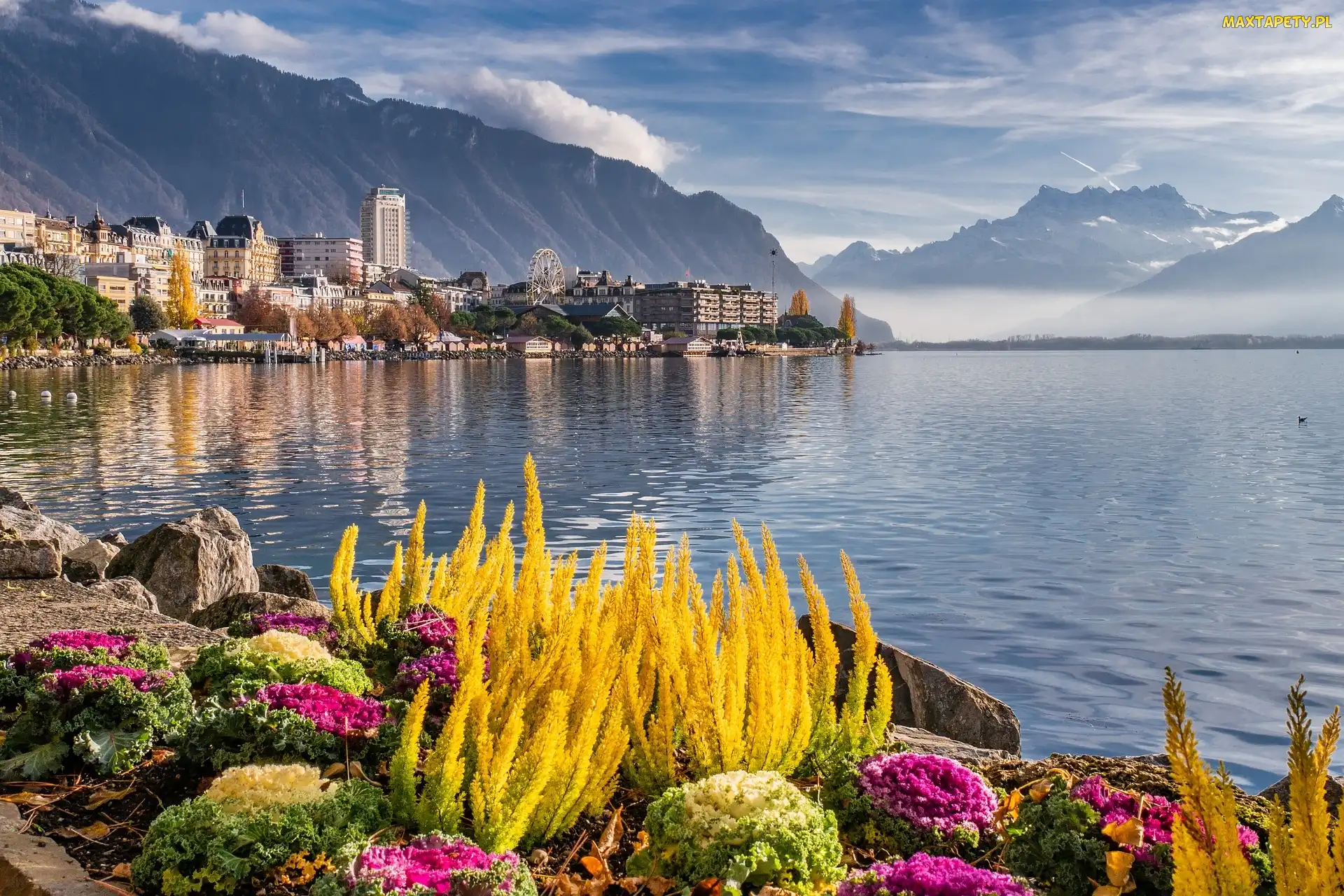 Montreux, Krajobraz, Rośliny, Szwajcaria, Góry, Jezioro Genewskie, Klomb