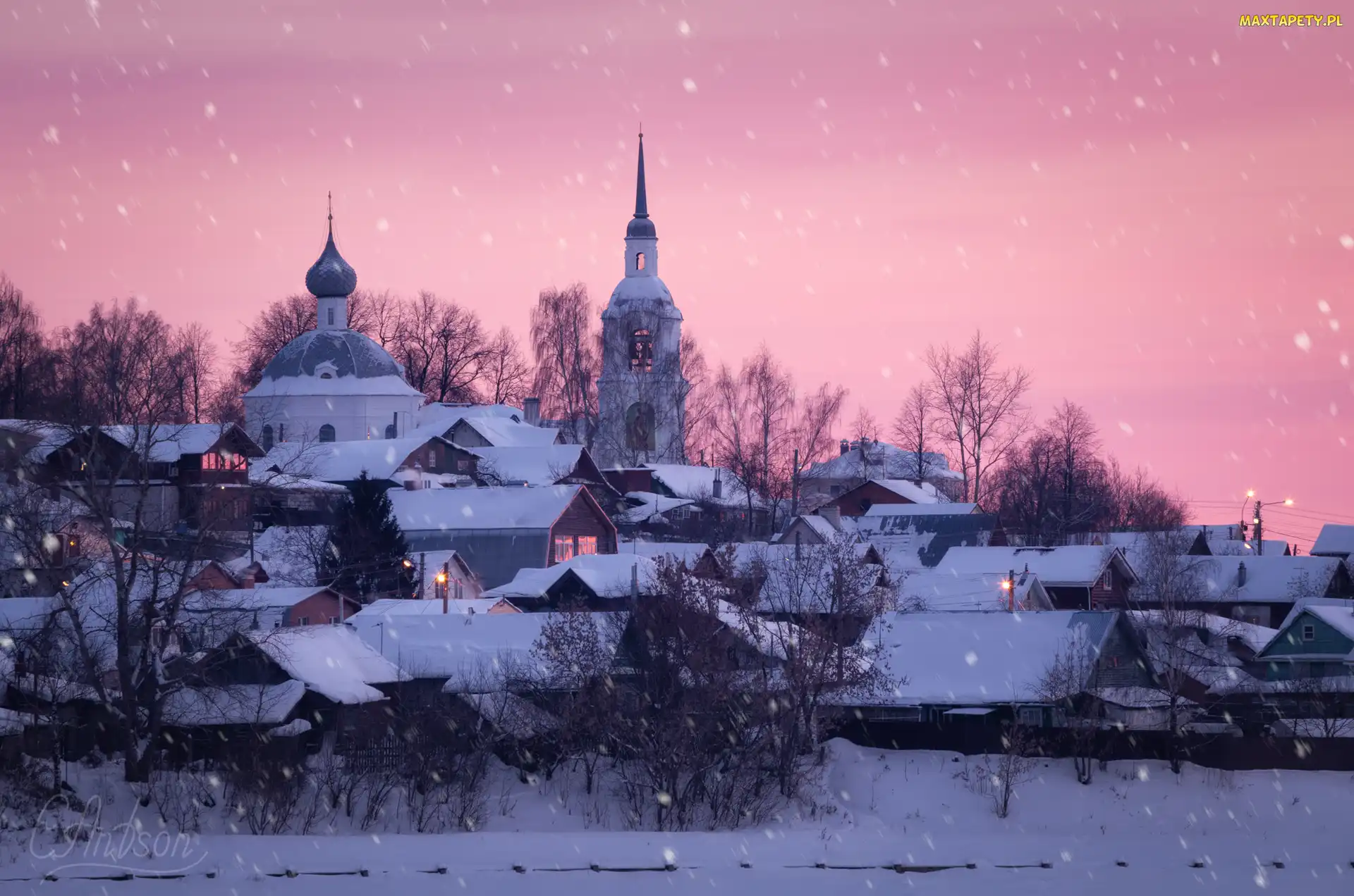 Padający, Cerkiew, Domy, Rosja, Zima, Śnieg, Kostroma, Drzewa