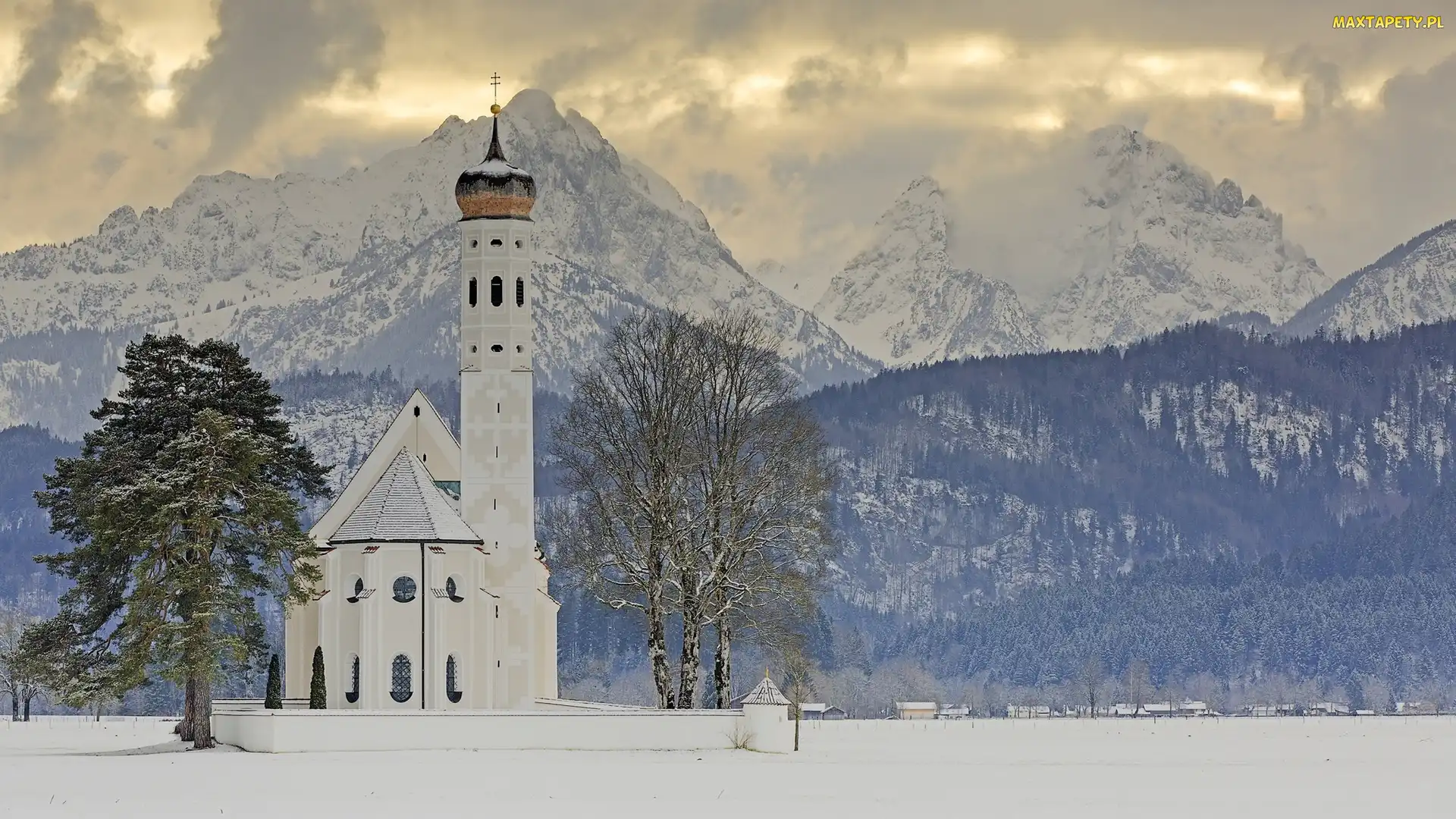 Eglise Saint Coloman, Drzewa, Kościół, Zima, Bawaria, Góry Alpy, Niemcy, Miejscowość Schwangau