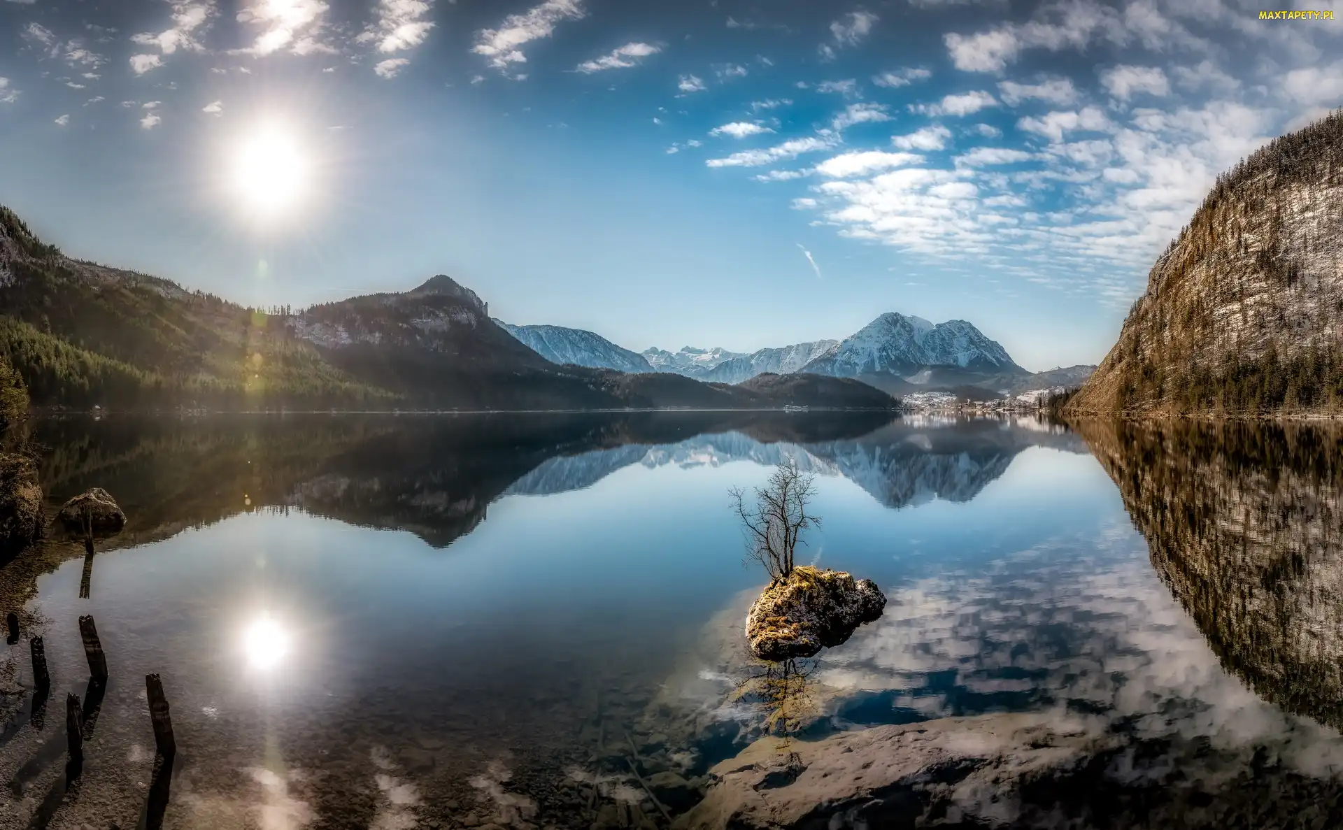 Promienie słońca, Austria, Styria, Góry, Jezioro Altausseer See