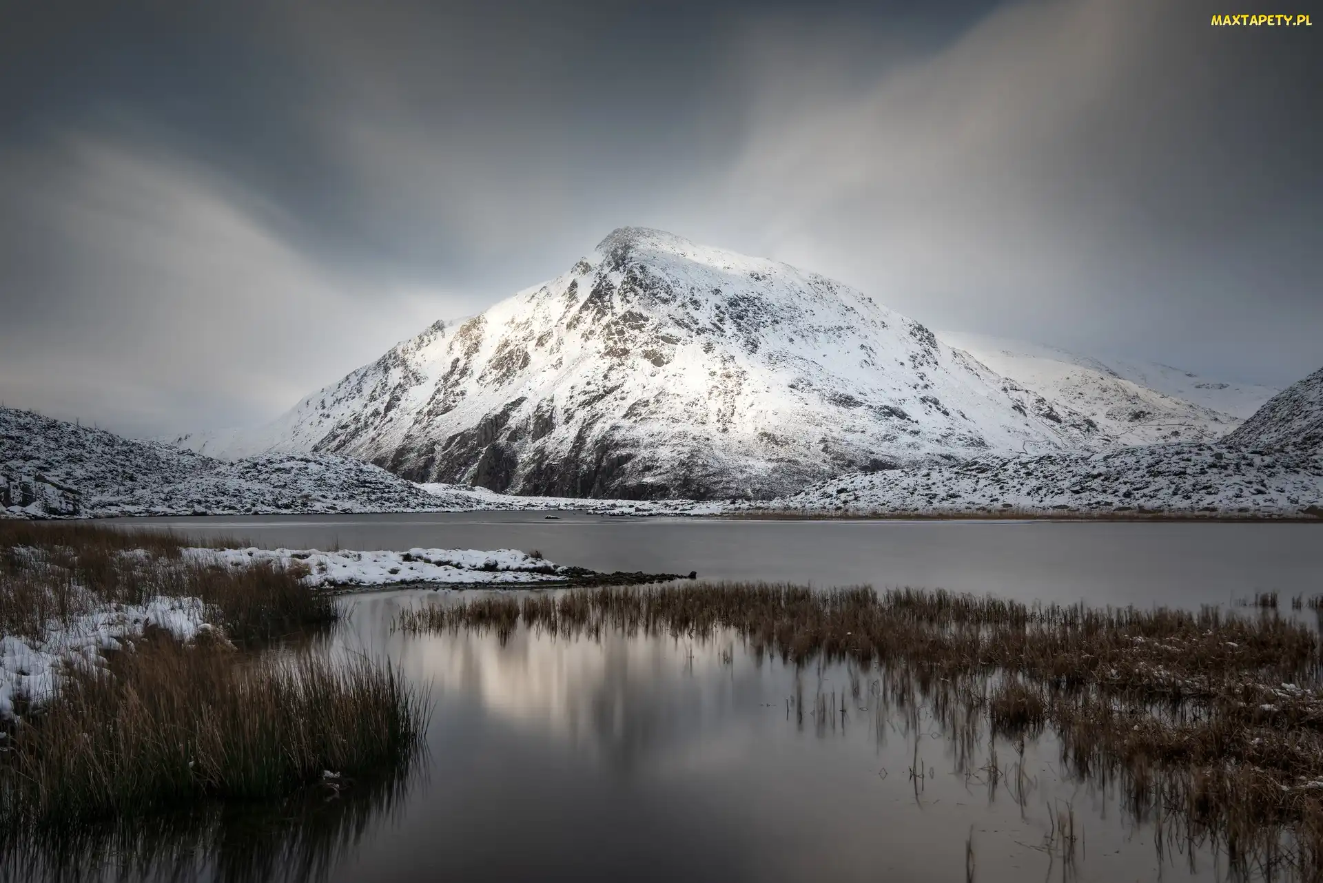 Zima, Walia, Park Narodowy Snowdonia, Jezioro, Góra Pen yr Ole Wen