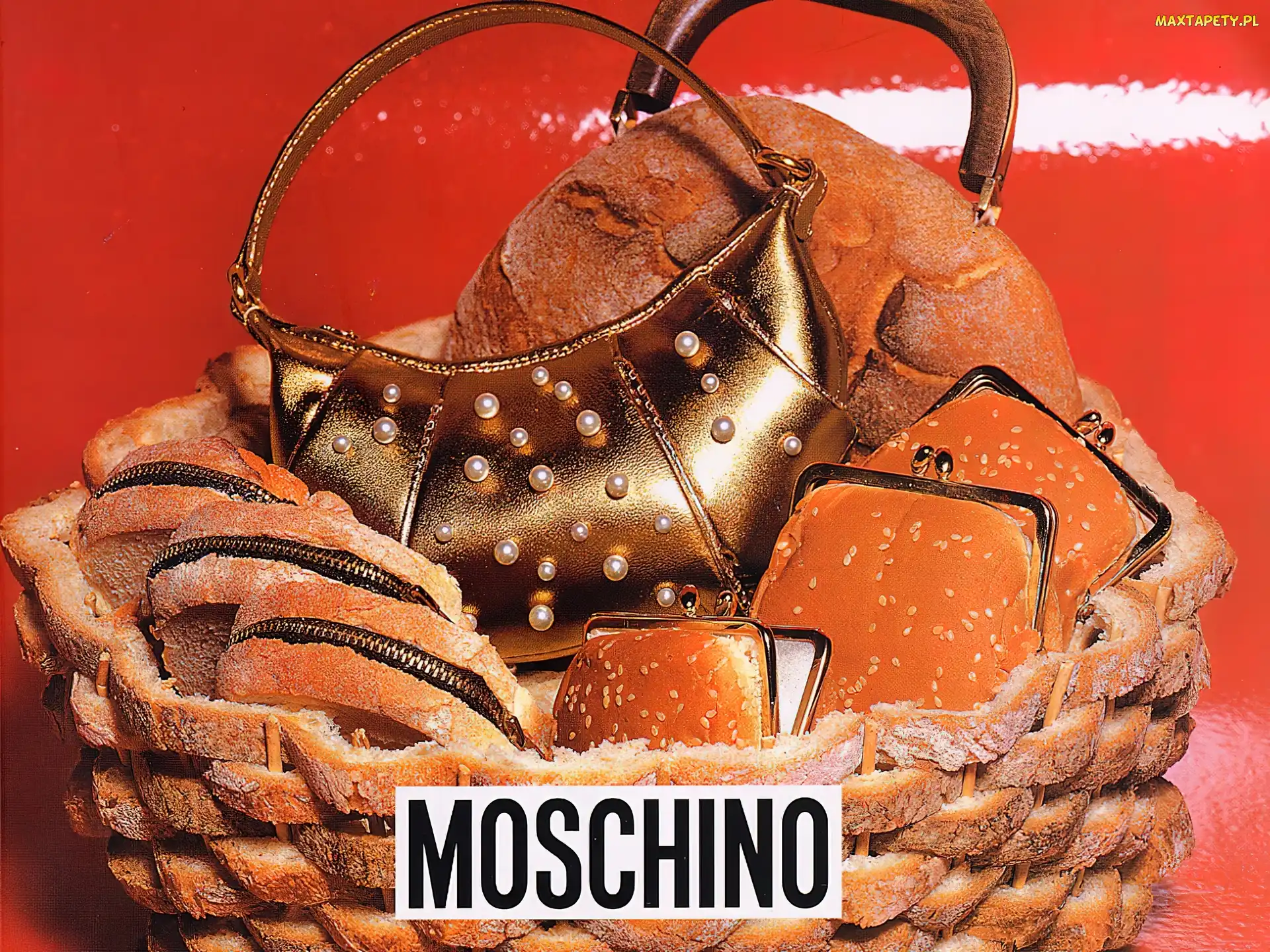 Moschino, pieczywo, portmonetka, chleb, torebka