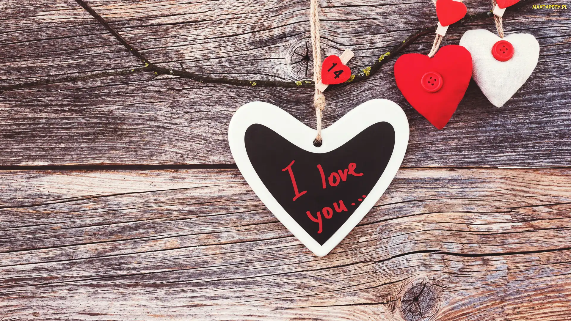 I Love You, Napis, Zawieszki, Serca, Gałązka, Drewno