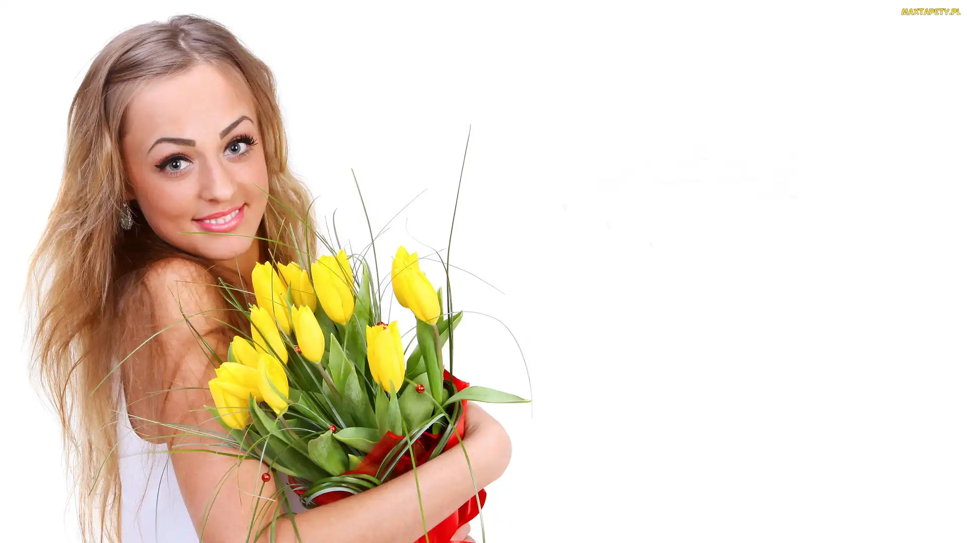 Tulipany, Żółte, Blondynka, Uśmiechnięta, Kobieta, Bukiet