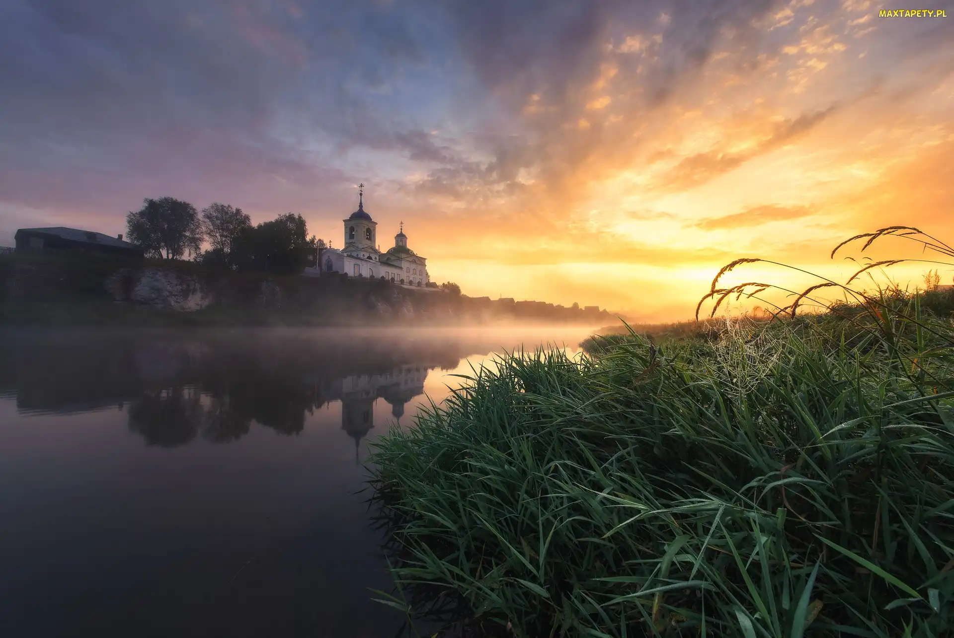 Pajęczyna, Trawy, Cerkiew, Rzeka, Wschód słońca, Mgła
