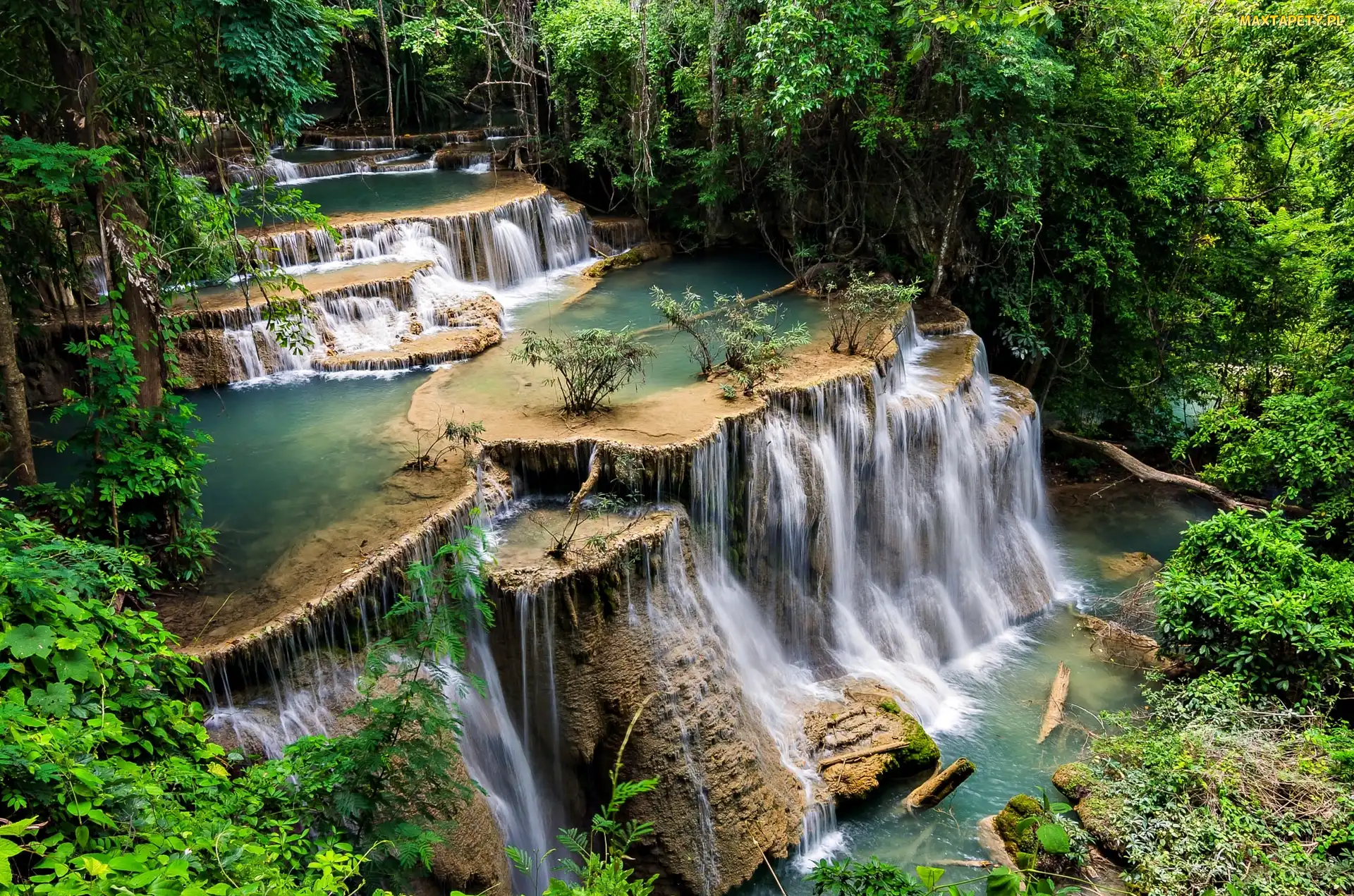 Tajlandia, Prowincja Kanchanaburi, Kaskada, Wodospad Erawan, Drzewa, Park Narodowy Erawan