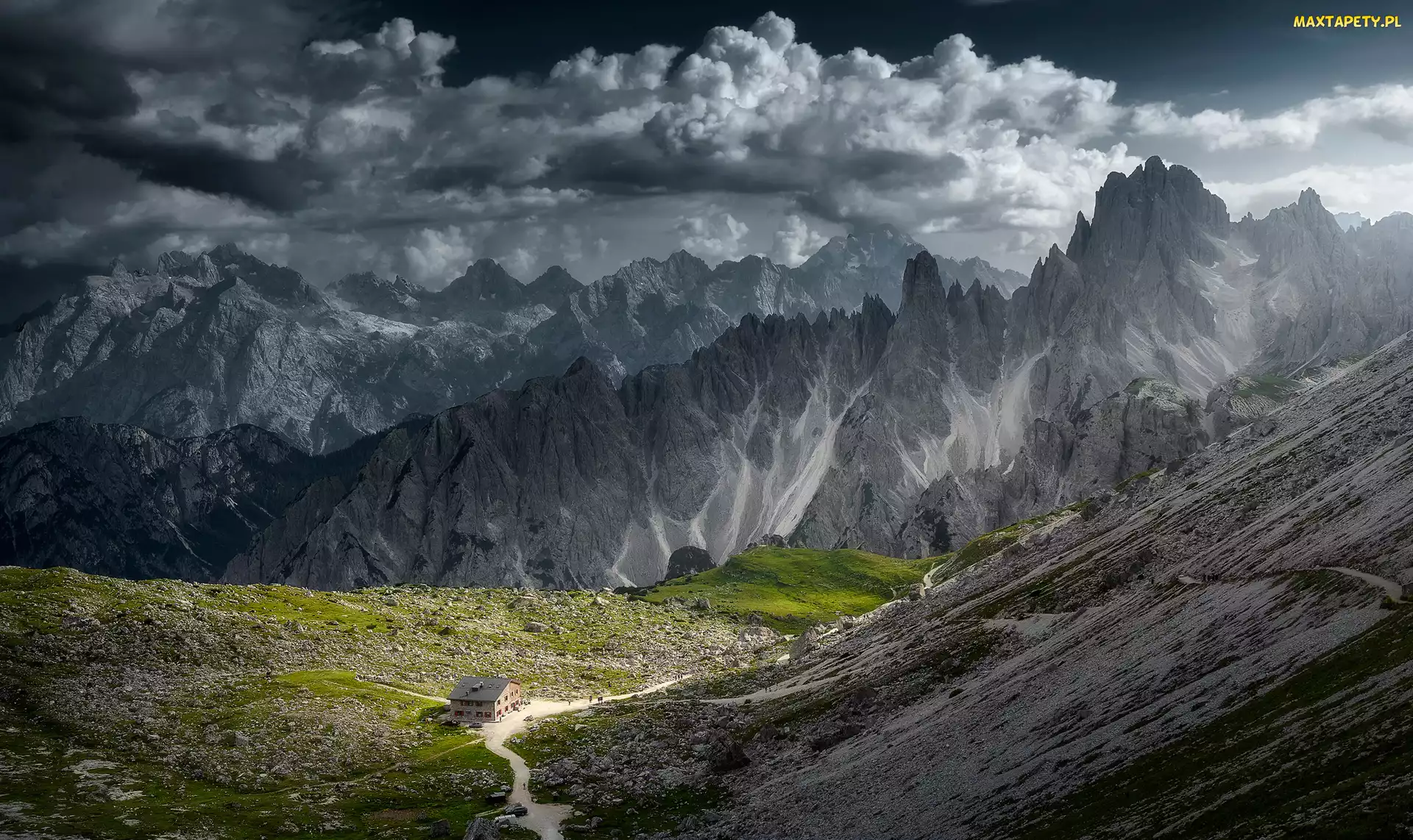 Góry, Prowincja Belluno, Schronisko Citta di Capri, Włochy, Droga, Dom, Dolomity, Masyw Cadini di Misurina, Chmury