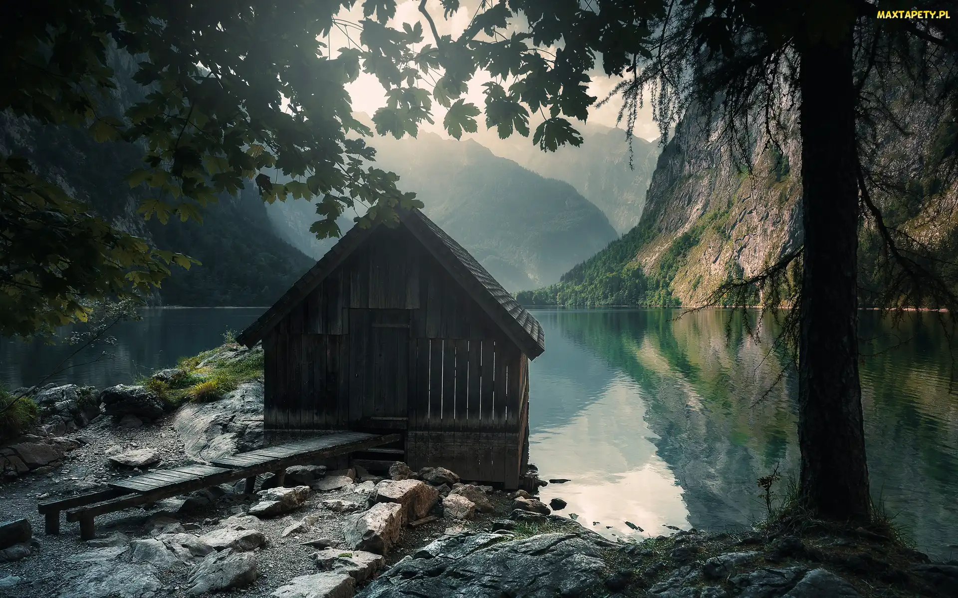 Jezioro Konigssee, Drewniana, Góry, Niemcy, Park Narodowy Berchtesgaden, Drzewa, Bawaria, Chata