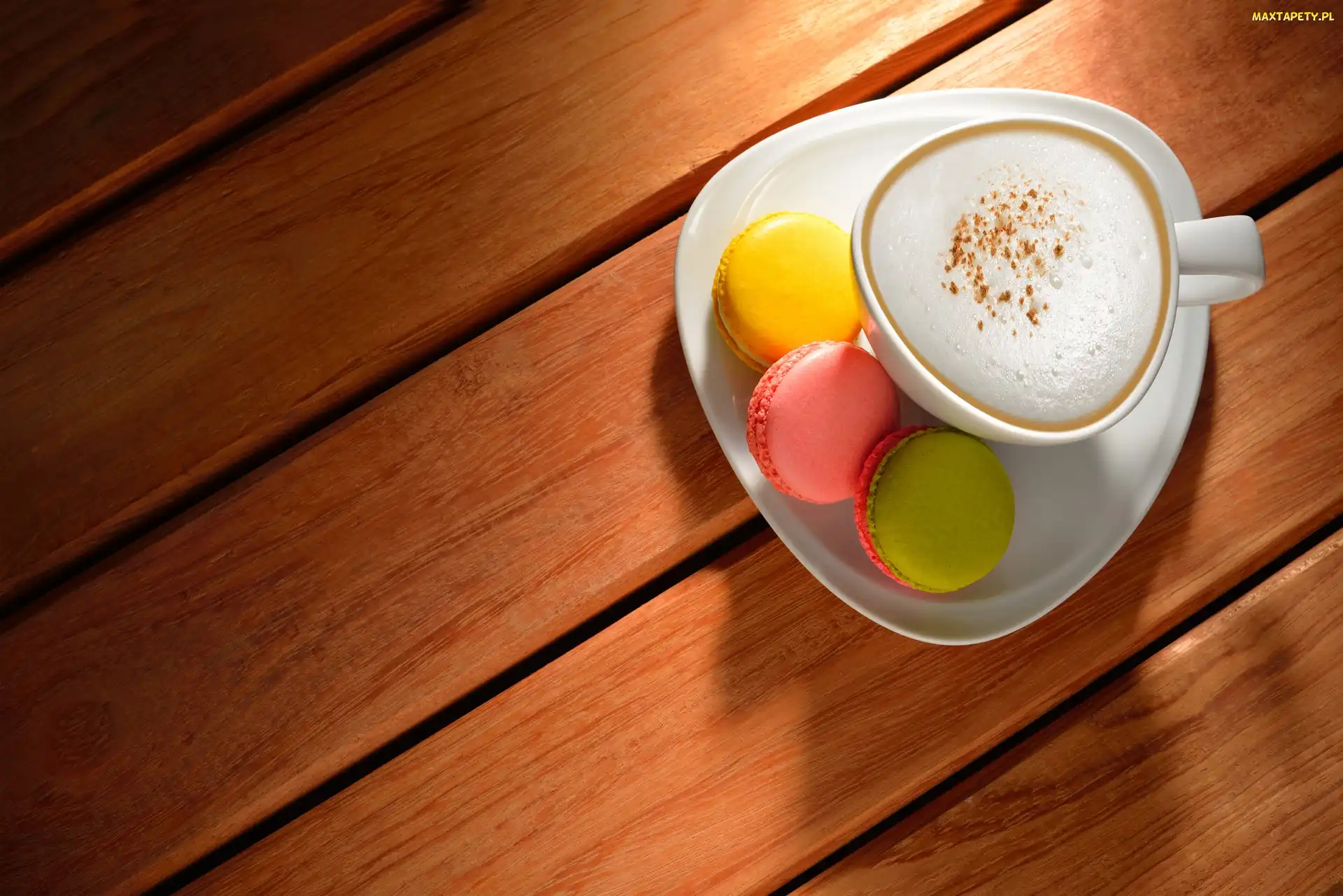 Deski, Filiżanka, Makaroniki, Kawa, Cappuccino, Spodek