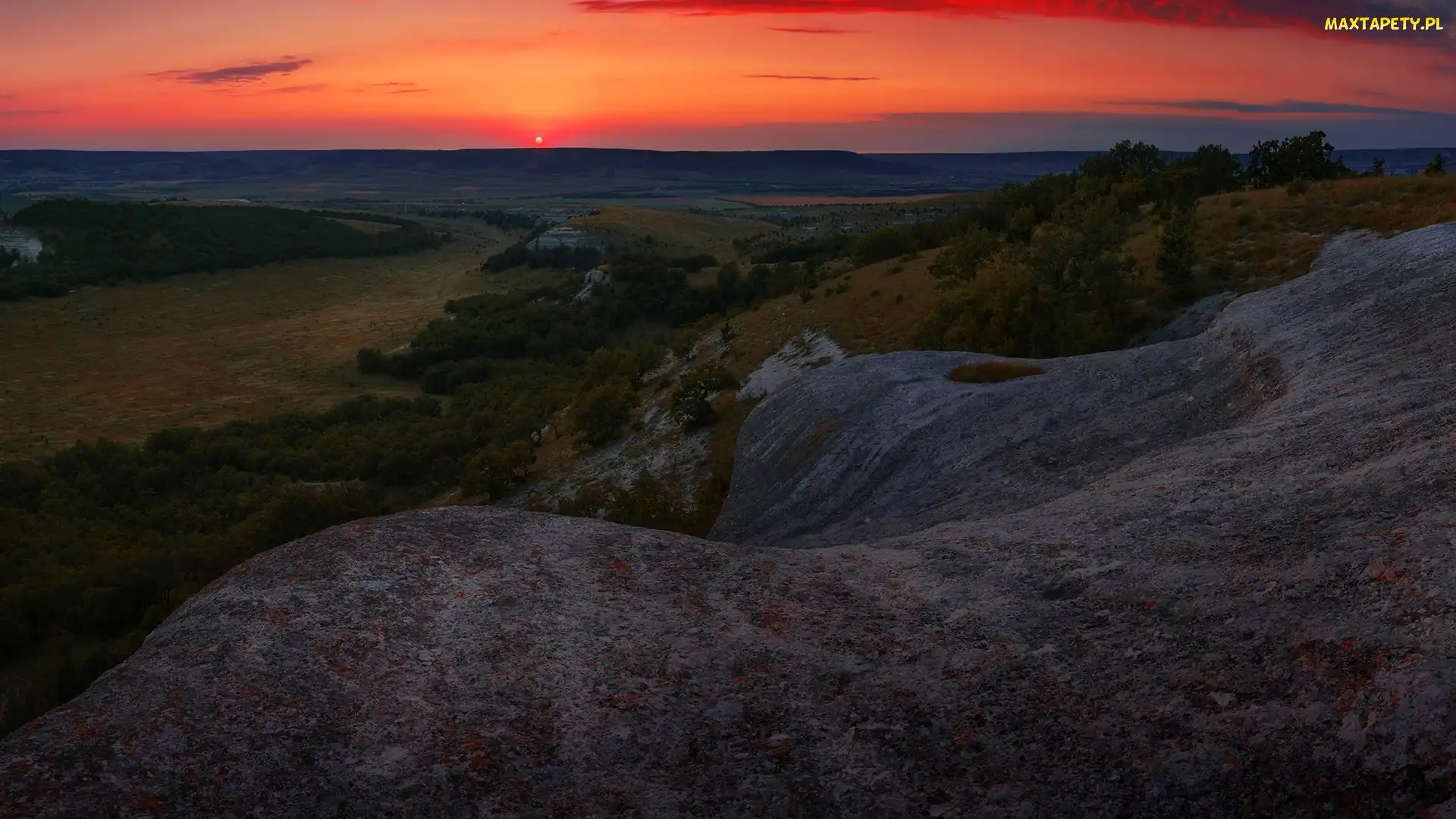 Wyżyny, Drzewa, Zachód słońca, Skały