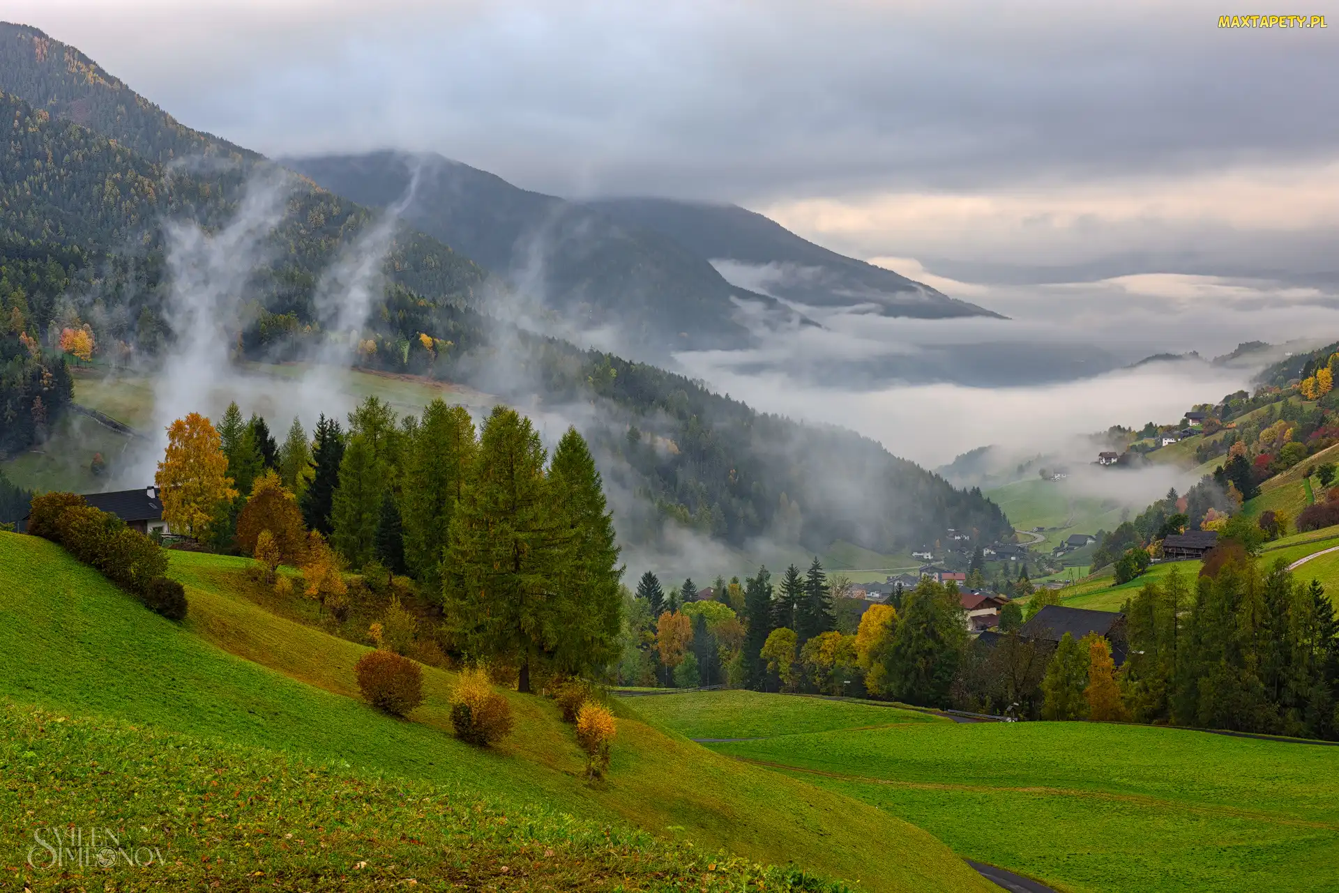 Santa Maddalena, Dolomity, Wieś, Włochy, Mgła, Wzgórza, Drzewa, Domy, Góry