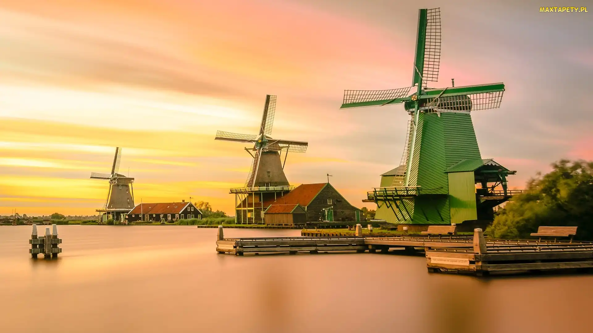 Zaandam, Zaanse Schans, Wiatraki, Holandia, Skansen, Trzy, Rzeka Zaan