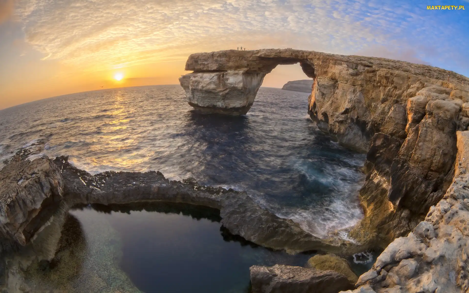 Morze, Efekt graficzny, Azure Window, Rybie oko, Malta, Lazurowe Okno, Wschód słońca, Skały, Most skalny