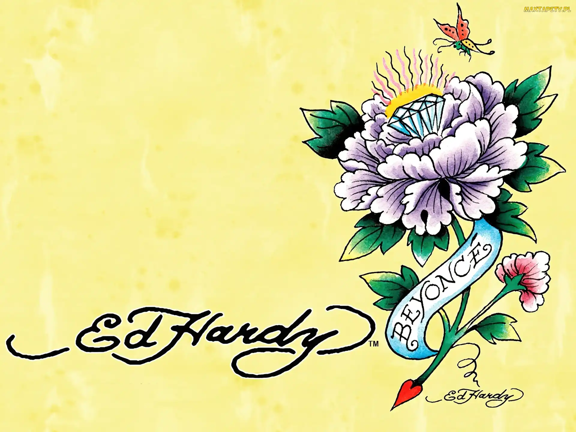 Ed Hardy, beyonce, kwiat, motyl, rysunek