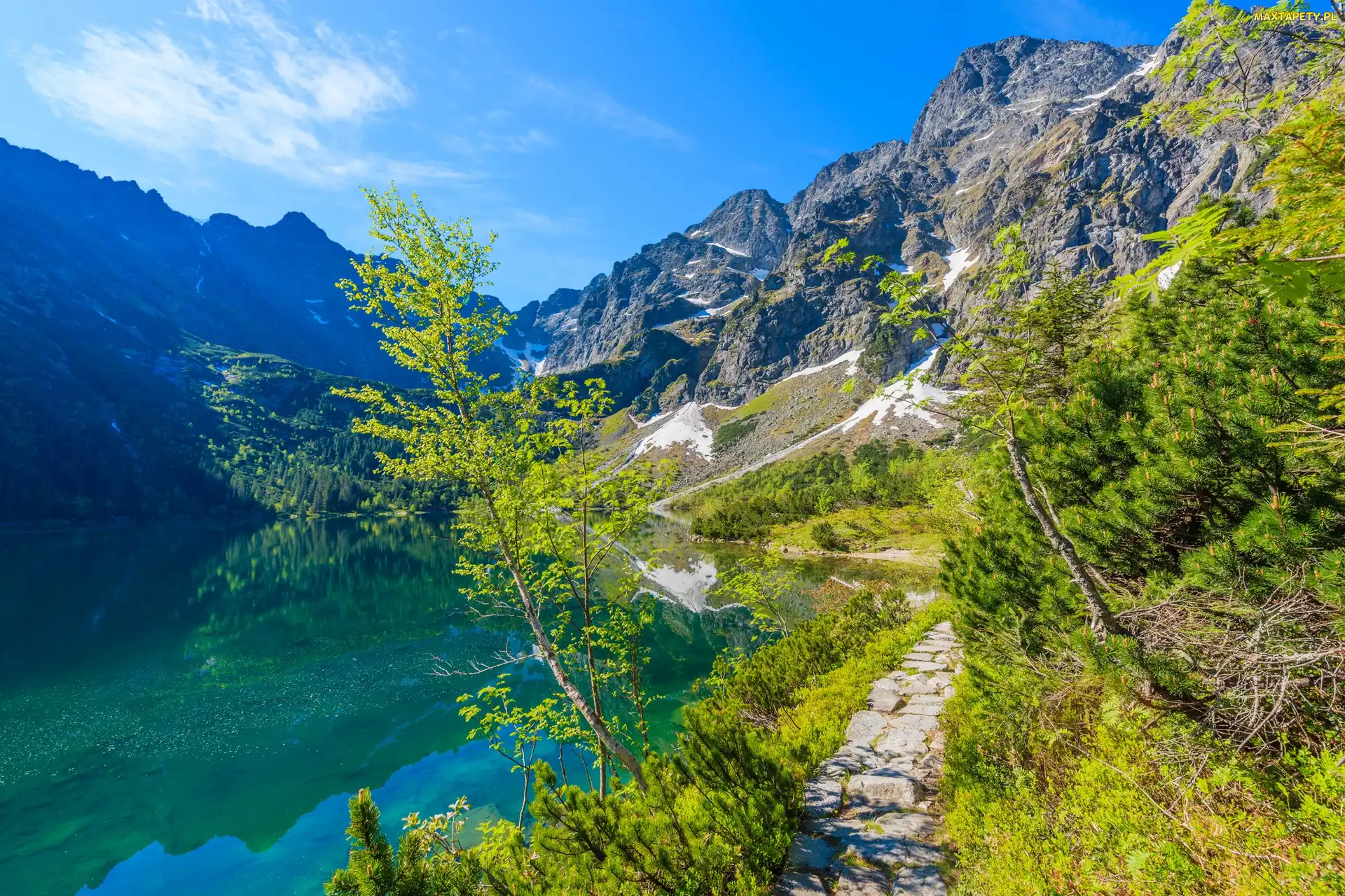 Dróżka, Mięguszowickie Szczyty, Tatry, Drzewa, Góry, Polska, Jezioro Morskie Oko