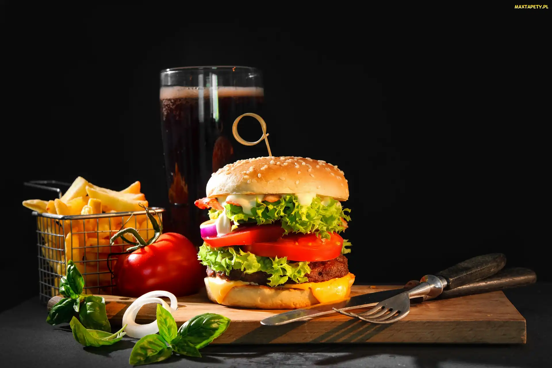 Frytki, Szklanka, Piwo, Pomidor, Hamburger