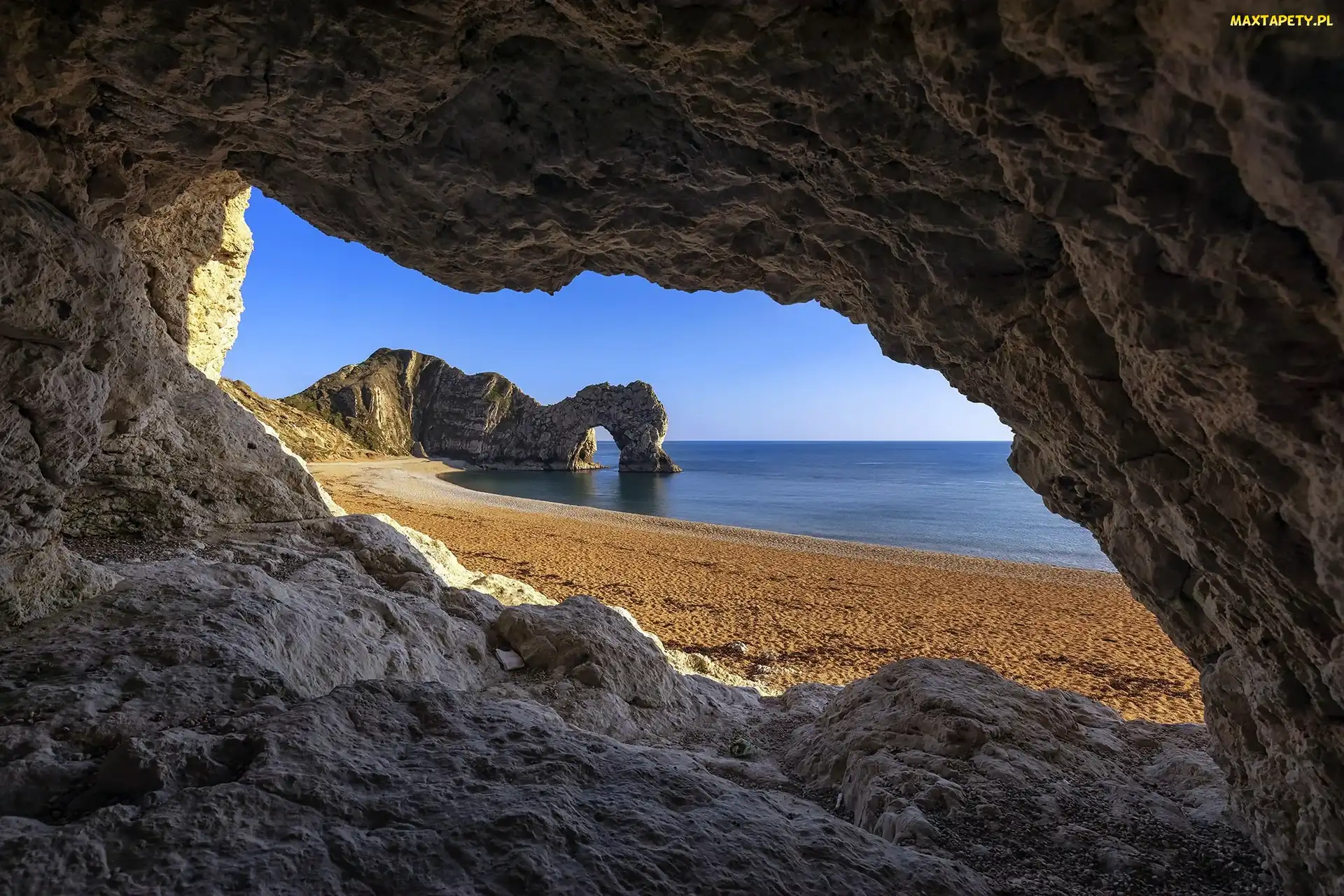 Durdle Door, Skały, Łuk wapienny, Plaża, Hrabstwo Dorset, Wybrzeże Jurajskie, Anglia, Morze