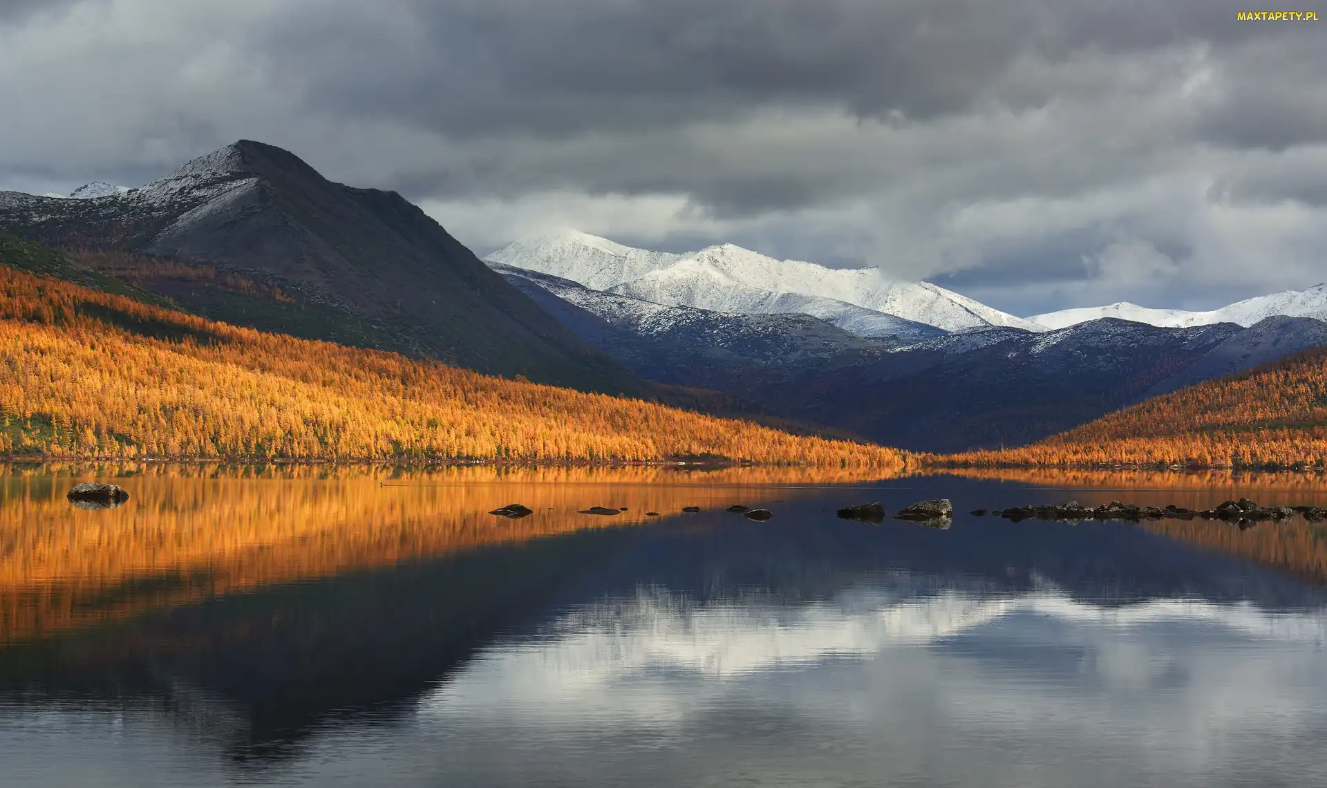 Rosja, Magadan, Jezioro Jack London Lake, Jesień, Góry Kołymskie, Drzewa