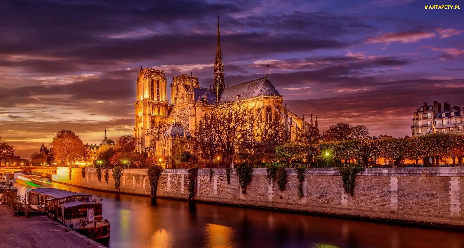 Rzeka Sekwana, Francja, Paryż, Noc, Katedra Notre Dame
