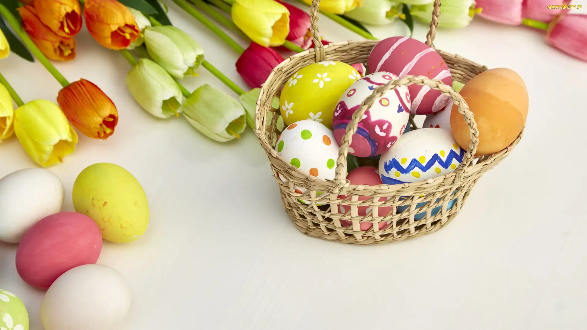 Wielkanoc, Koszyk, Tulipany, Pisanki, Kwiaty, Kolorowe